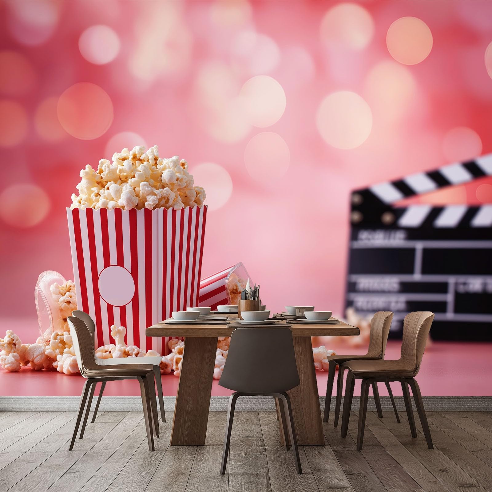 Różowa tapeta w stylu kinowym 350 x 256 cm, tapeta z włókniny retro popcorn do salonu sypialnia przedpokój tło telewizora - łatwa instalacja nowoczesna dekoracja ścienna