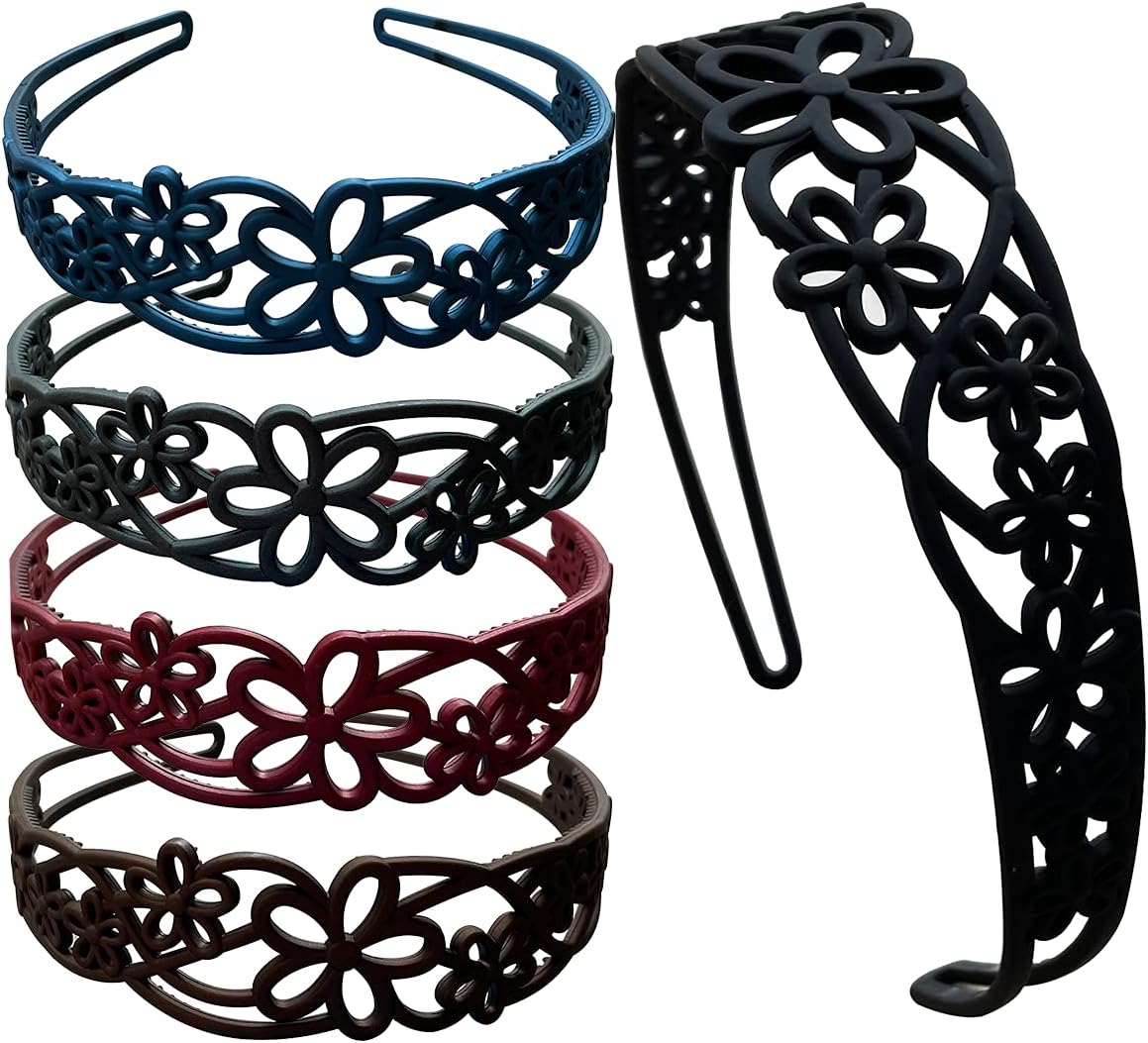 Yazon 5pcs Wide Flower Headbands for Girls Women Plastic Hairbands with Teeth Hard Hair Hoops