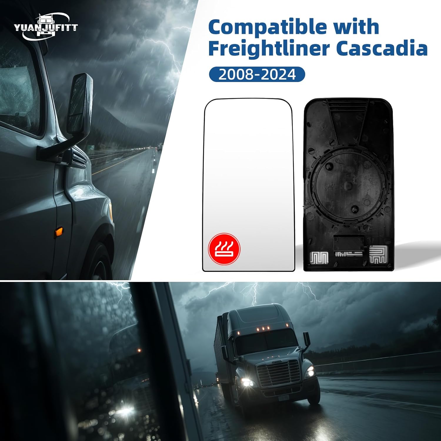 Upper Mirror Glass for FREIGHTLINER CASCADIA, Replacement Main Mirror Glass with Defrost Heat for Freightliner Cascadia 2008-2024