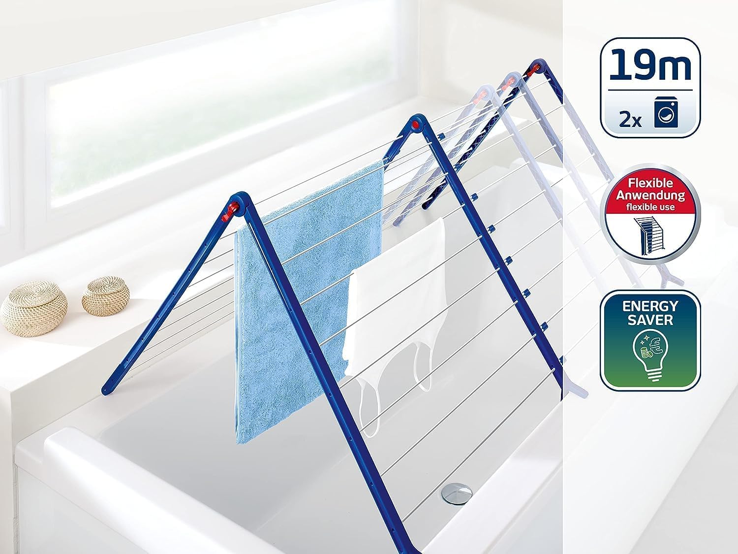 Leifheit Séchoir pour baignoire Pegasus V Duo extensible, séchoir à linge pour toute taille de baignoires, étendoir à linge longueur d'étendage jusqu'à 19 m