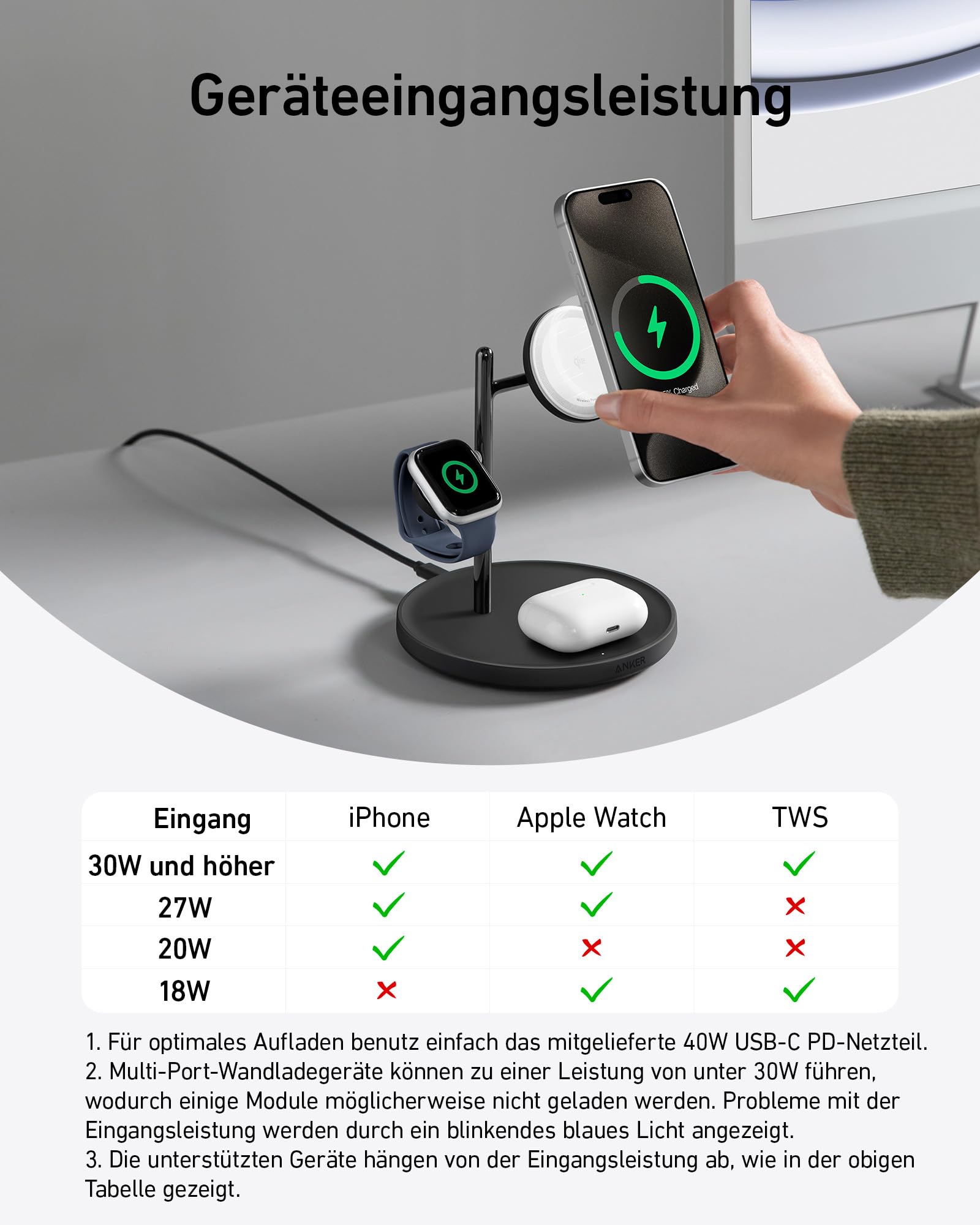 Anker MagGo 3-in-1 Kabellose Ladestation, 15W kabelloser Ladeständer, MagSafe-kompatibel, Qi2-zertifiziert, für iPhone 17/16/15/14 Serie, AirPods Pro, Apple Watch Ultra (Mit USB-C Netzteil und Kabel)