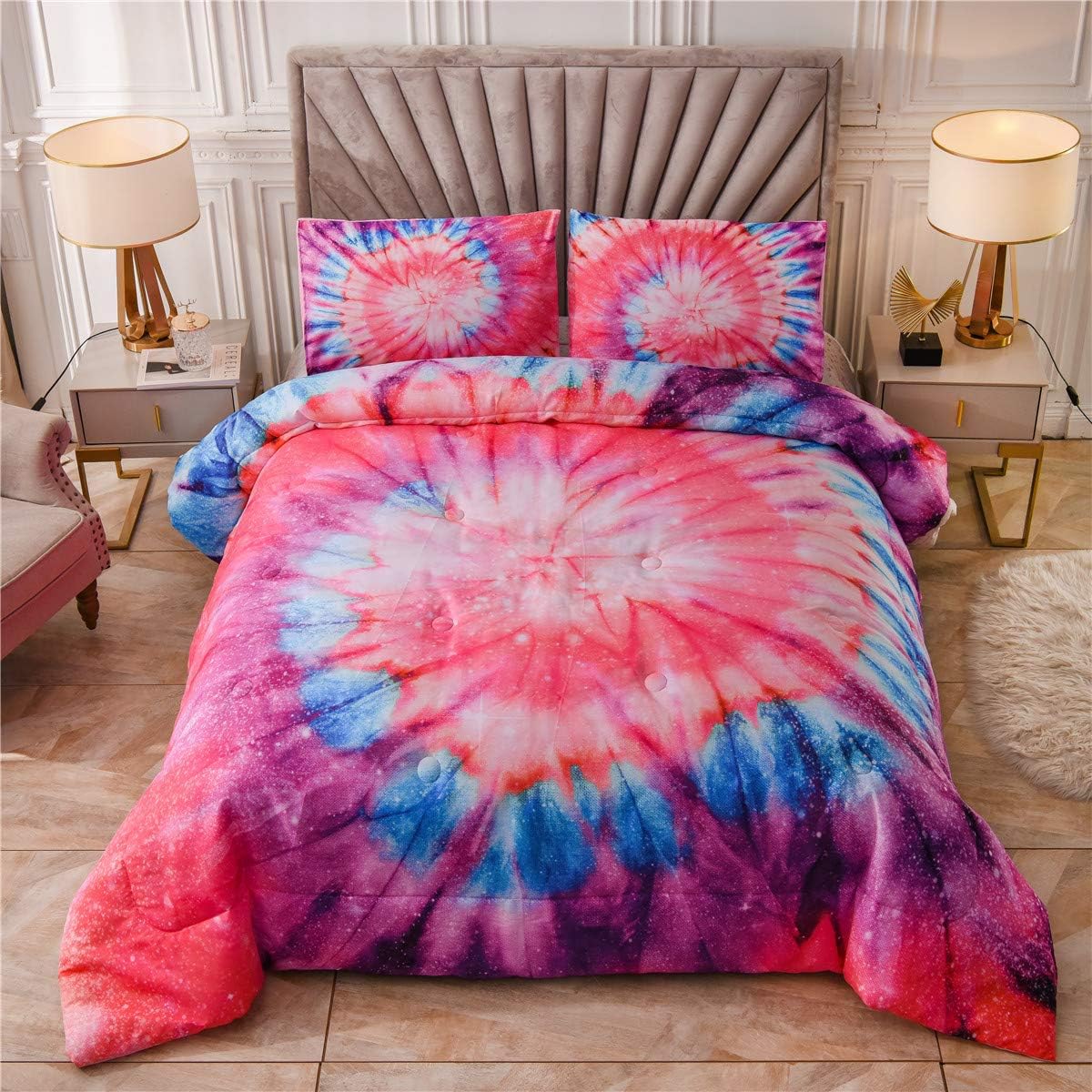 NTBED Boho Tie Dye Printed Comforter Set Queen Multi Colorful Trippy Psychedelic Abstract Bedding Hippie Quilt Bed Sets (Pink, Queen)