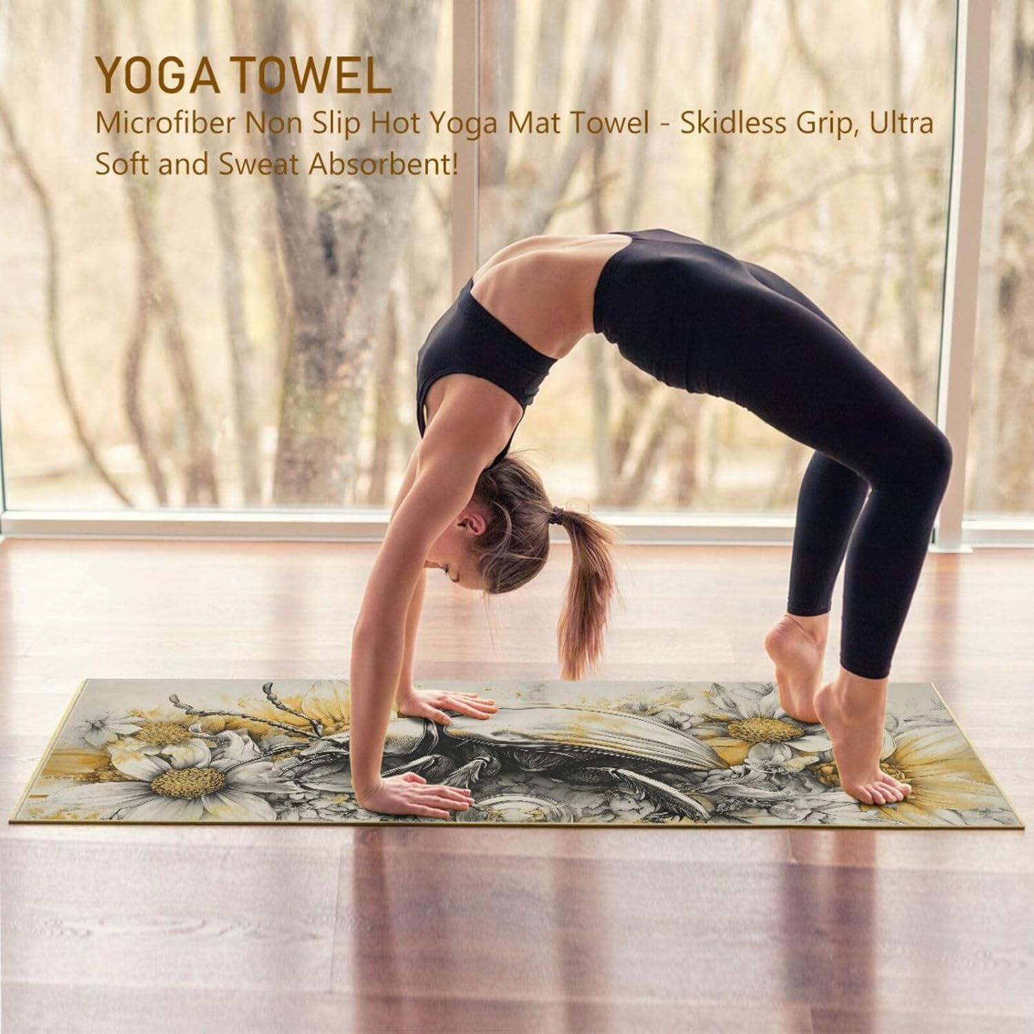 Beetle Floral Hot Yoga Towel – Stylish, Non-Slip, Grip Dots, Super Absorbent, 27" x 73" - Yoga Mat Towels for Exercise, Fitness