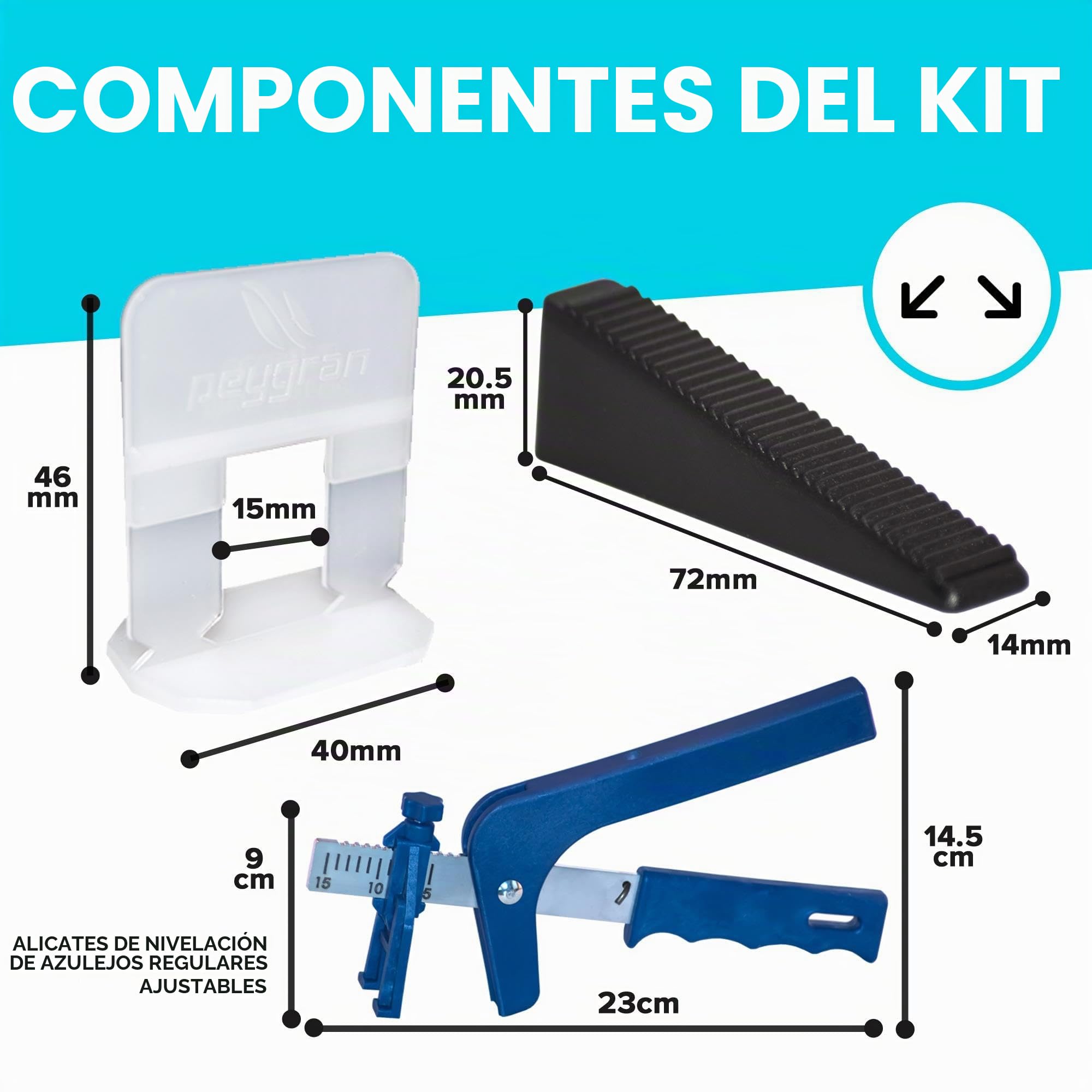 Sistema de nivelación Peygran 1mm, Kit 400 clips 200 cuñas 1 alicate metálico.