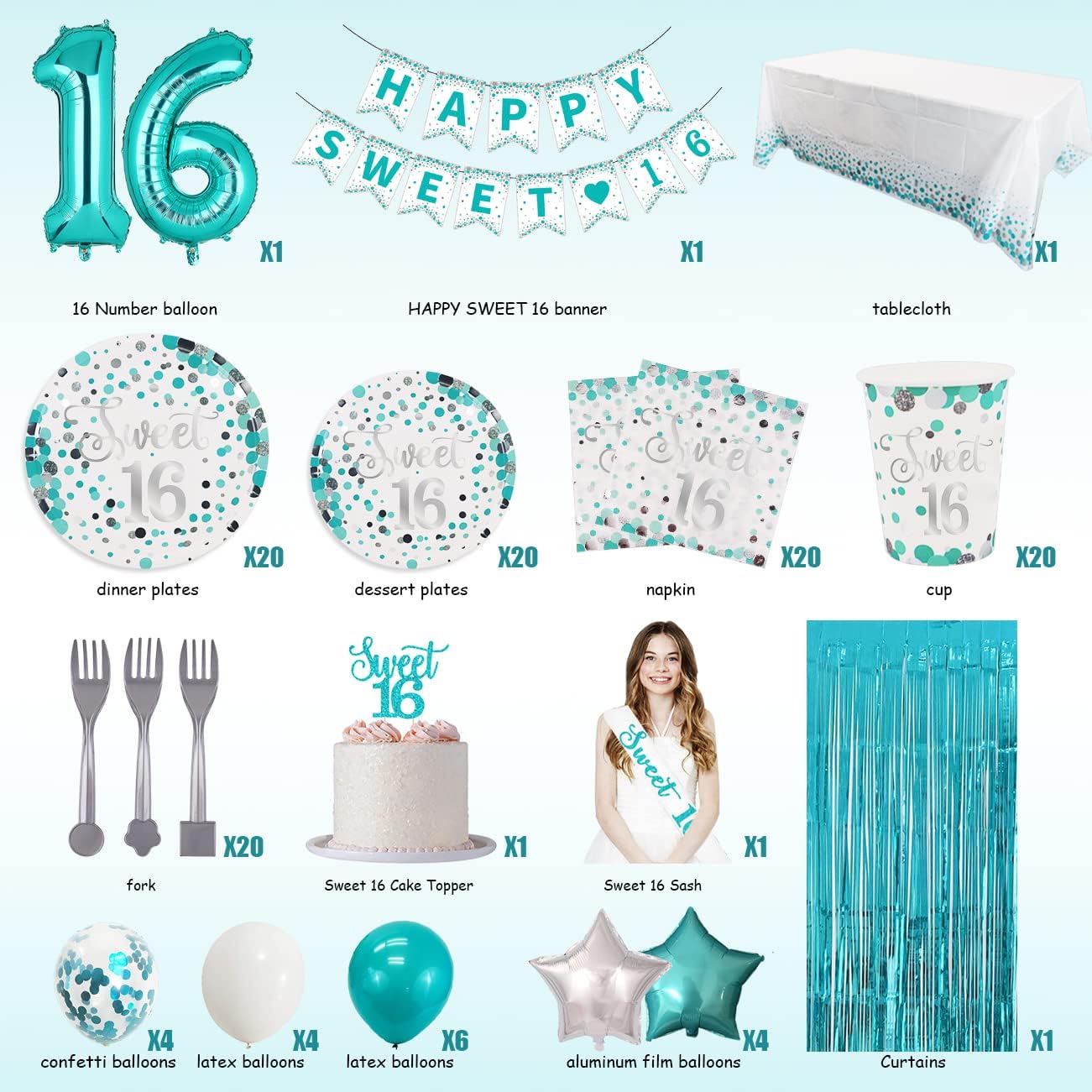 Sweet 16 Party Decorations - Teal Plates, Napkins, Balloons, Sash, Caketopper, Metallic Curtains, Tablecover for 20 Guests - Image 2