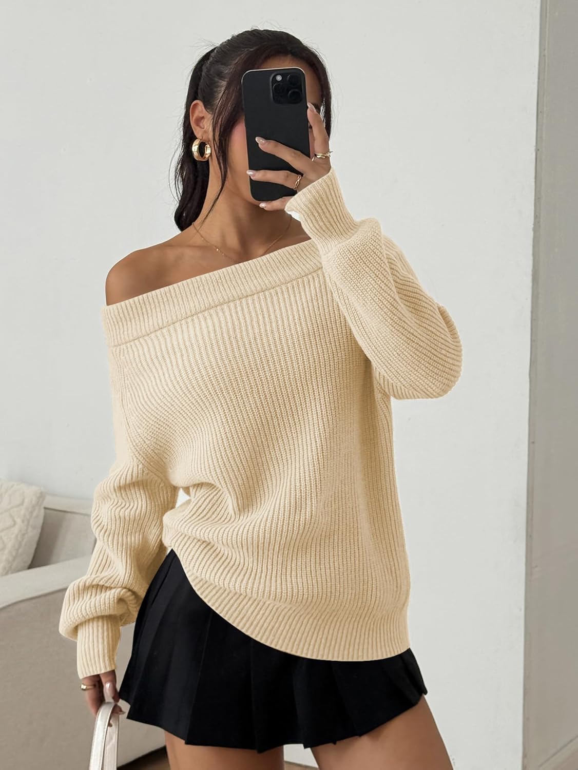 ZAFUL Sweaters for Women Off Shoulder Knit Sweater with Long Sleeve Loose Pullover Jumper Tops