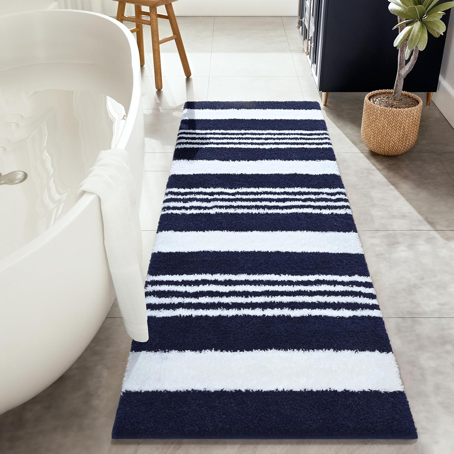 HOMORE Long Bathroom Rug 24x70 Inch, Absorbent Bath Rugs for Bathrooms Washable Non Slip Bathroom Runner Rug Quickly Dry, Striped Plush Bath Mats for Sink Shower Floor,Navy