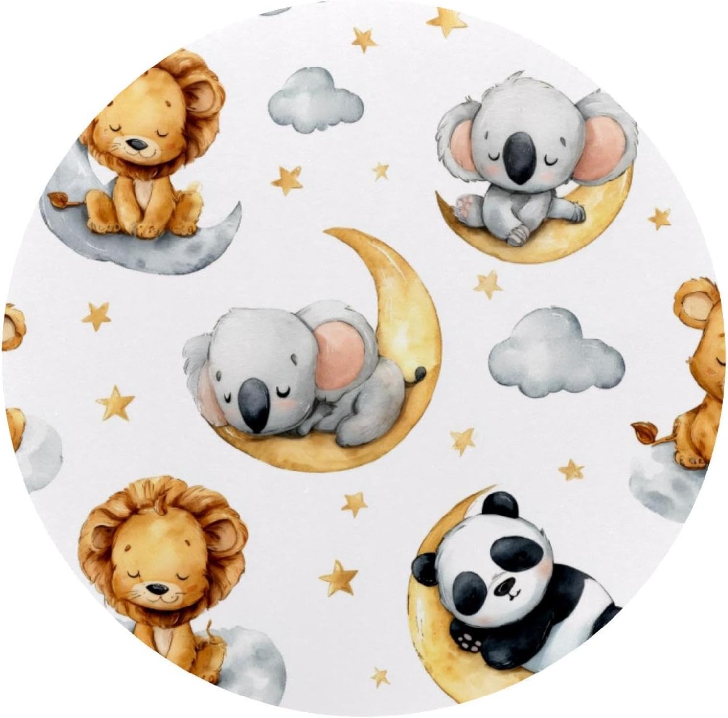 Round Mouse Pad for Women Men, 10’’ Round Desk Pad Mousepad Non-Slip Rubber Base, Office Home Laptop Accessories, Cute Watercolor Lion Koala and Panda Sleeping on Moon