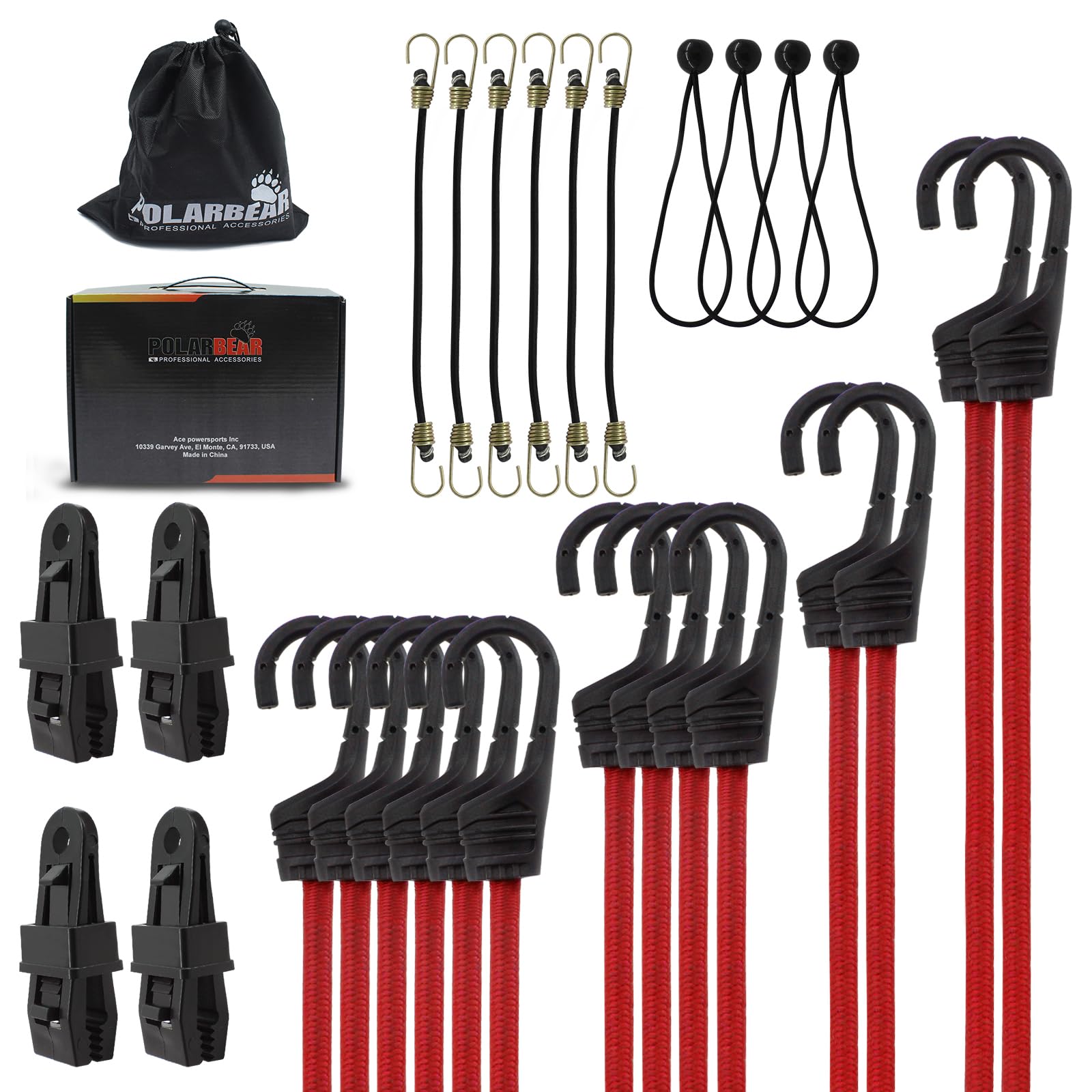 POLARBEAR 28Pcs Bungee Cords with Hooks Assorted Sizes - 10" 18" 24" 31" 40" Plastic Coated Steel Cords - with 4 Tarp Clips/4 Ball Cords/Storage Bag - Use for Transport, Moving, Fixed Goods(Red)