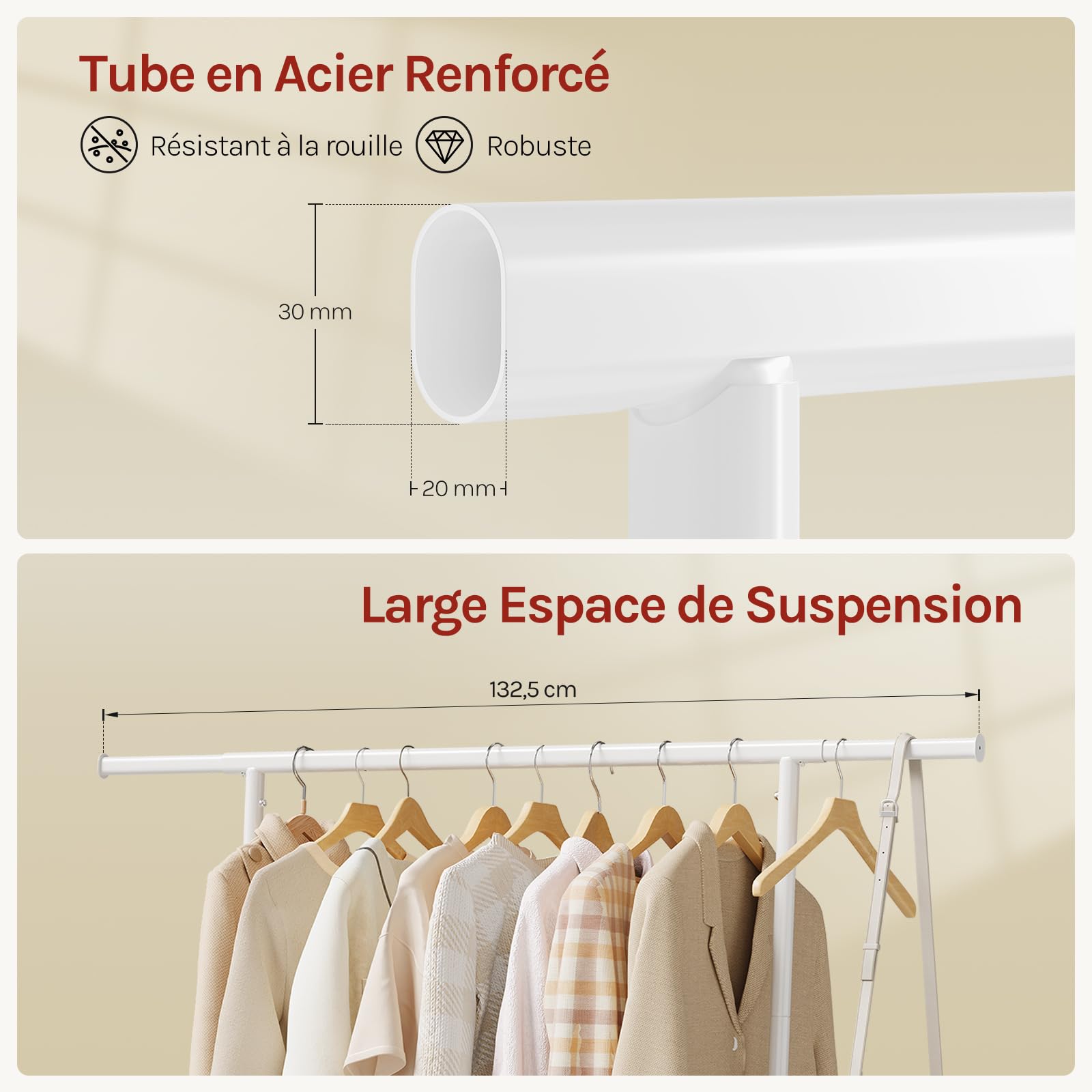 WOLTU Portemanteau à Roulettes, Porte-vêtements avec Tringle Extensible et Étagère de Rangement, Capacité de Charge 70 kg, pour Entrée, Chambre, en Métal, Blanc
