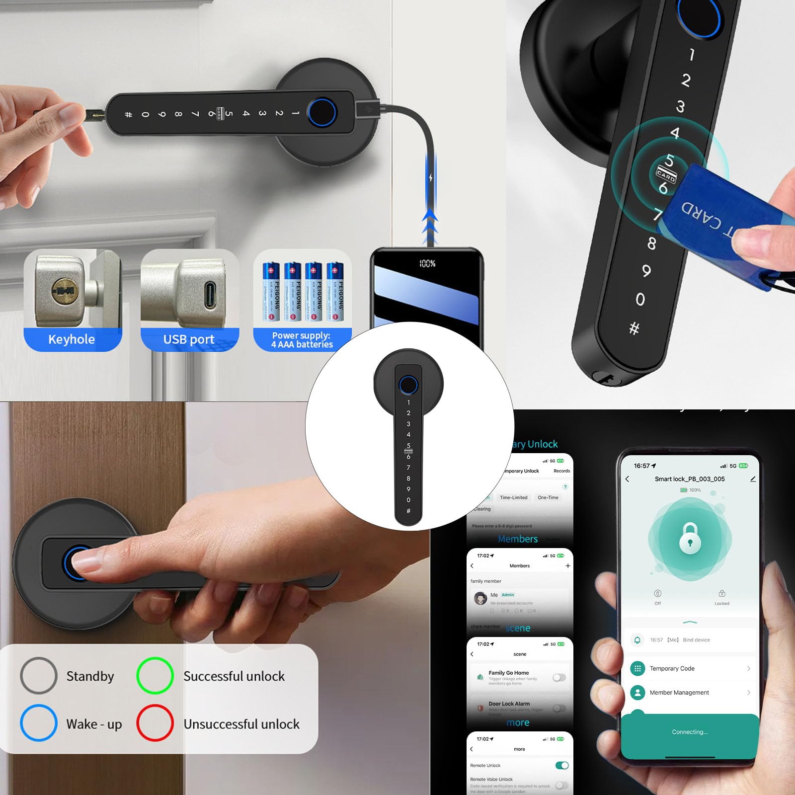Cerradura de puerta con huella dactilar - Acceso 5 en 1: aplicación, tarjeta IC, contraseña, llave | Funciona con pilas, se adapta a puertas izquierdas/derecha (35-55 mm de grosor) | Mango electrónico