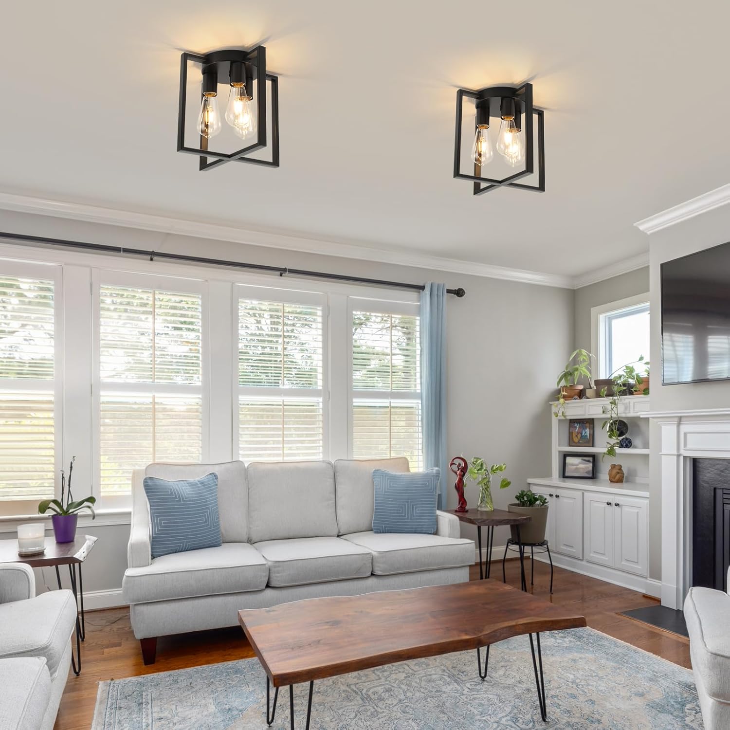 WILON Black Ceiling Light Fixture, 3-Light Modern Farmhouse Chandelier Industrial Semi Flush Mount Ceiling Light for Hallway Bedroom Living Room Foyer Entryway Kitchen Hall Dining Laundry Office