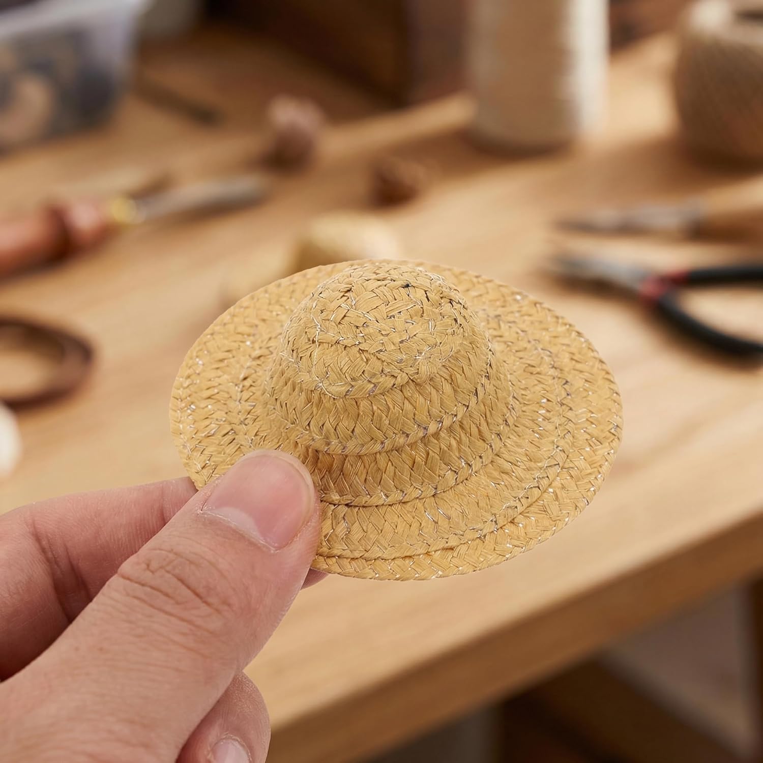 DECHOUS 10Pcs Mini Straw Hats: Tiny Knitting Straw Hats for Crafts Mini Dolls - 2.75 Inch Dollhouse Miniature Cowboy Caps for DIY Costume Party Accessories