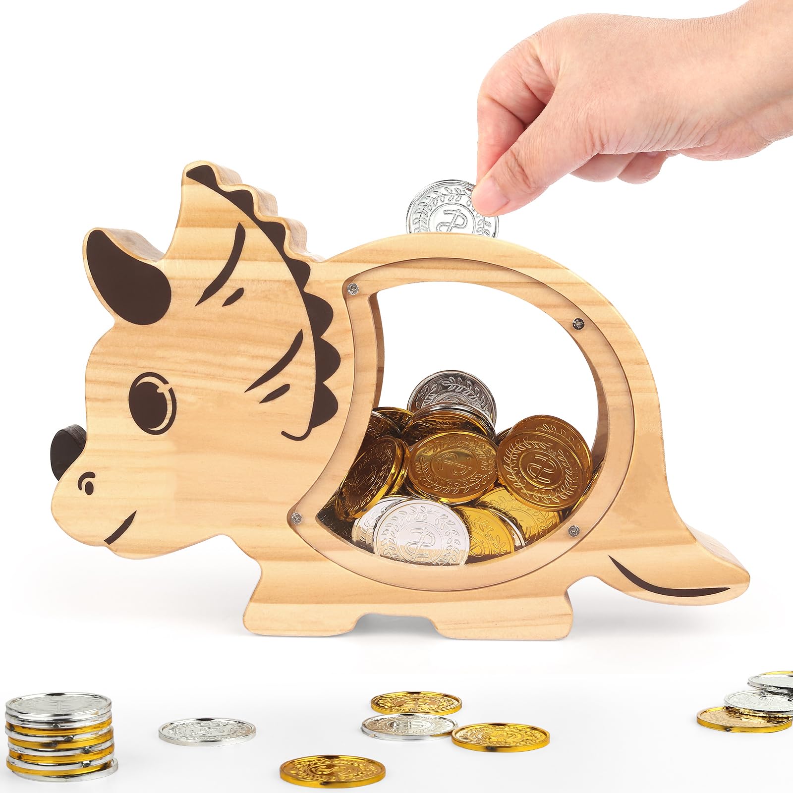 Foycool Wooden Dinosaur Piggy Bank for Kids, Boys and Toddlers - Cute Dino Money Bank, Natural Wood Coin Savings Jar | Personalized Birthday Gift Idea