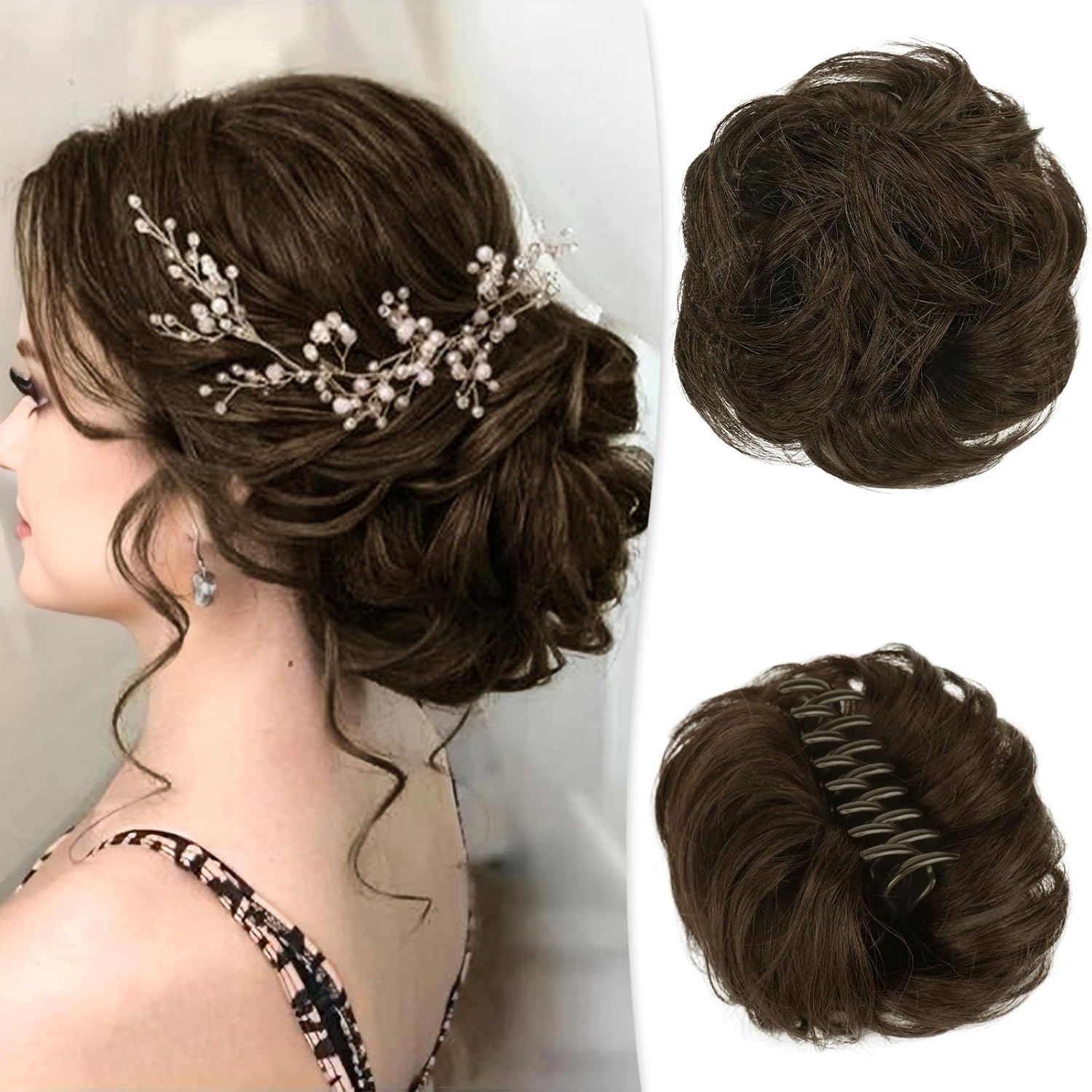 RUWISS Claw Clip Messy Bun Hair Piece Real Human Hair Buns Wavy Curly Updo Hair Buns Claw Clip Ponytail Hairpieces Hair Scrunchie with Clip for Women(Dark Brown)