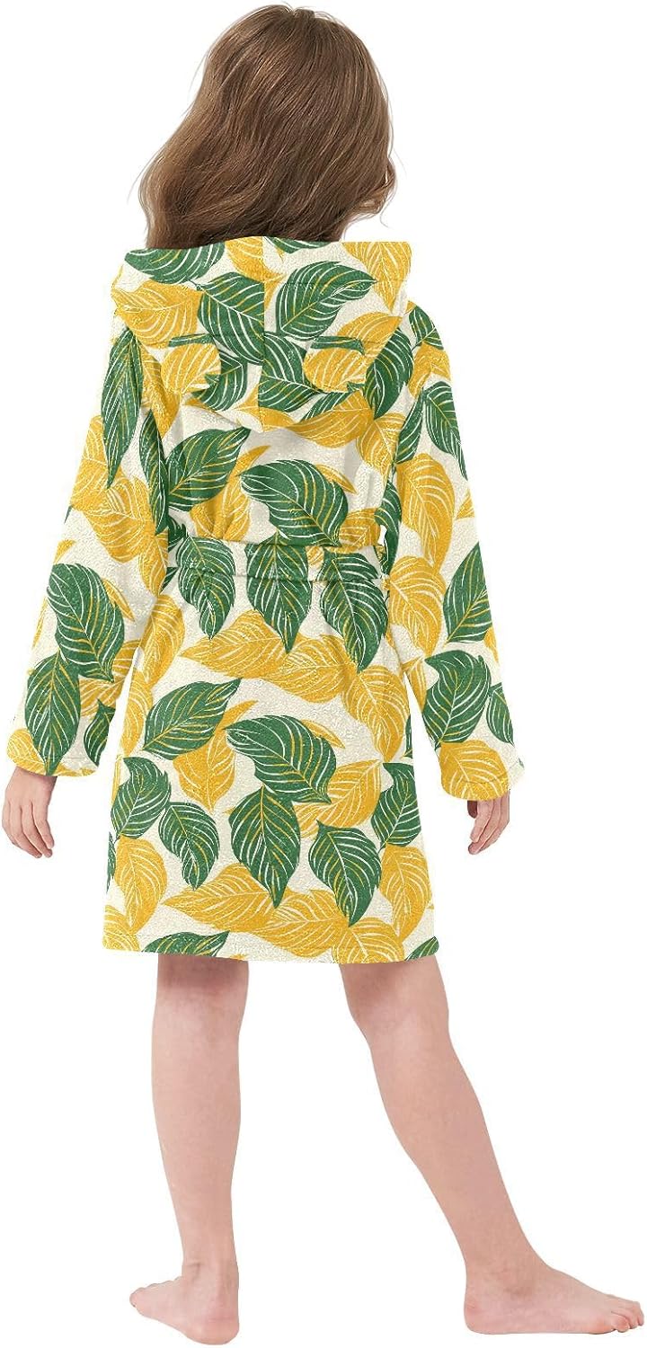 senya Yellow Leaf Toddler Hooded Bathrobe Kids Soft Plush Bath Towel Robes for Boys Girls 2-12 Years
