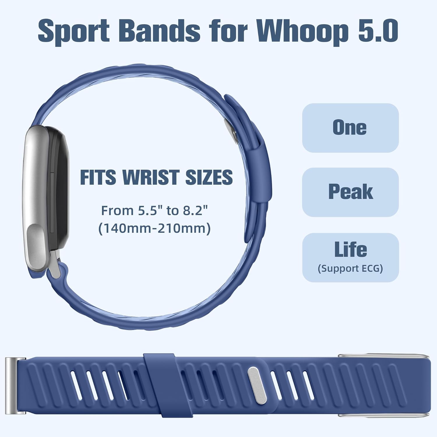 Getino Sport Band Compatible with Whoop 5.0 Bands One, Peak and Life/MG, Breathable Waterproof Silicone Adjustable Replacement Accessories Strap for Whoop Band 5.0 Fitness Activity Tracker, NavyBlue