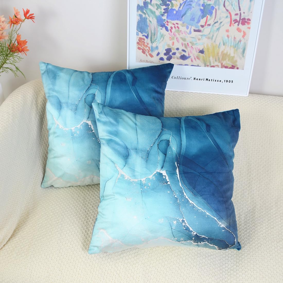 QUALKNOY Set of 2 Velvet Blue Teal Cushion Covers 18"x18" Modern Art Abstract Throw Pillow Case 45 x 45 cm for Living Room Sofa Bed Outdoor Garden Home Decor Pillowcases - Image 3