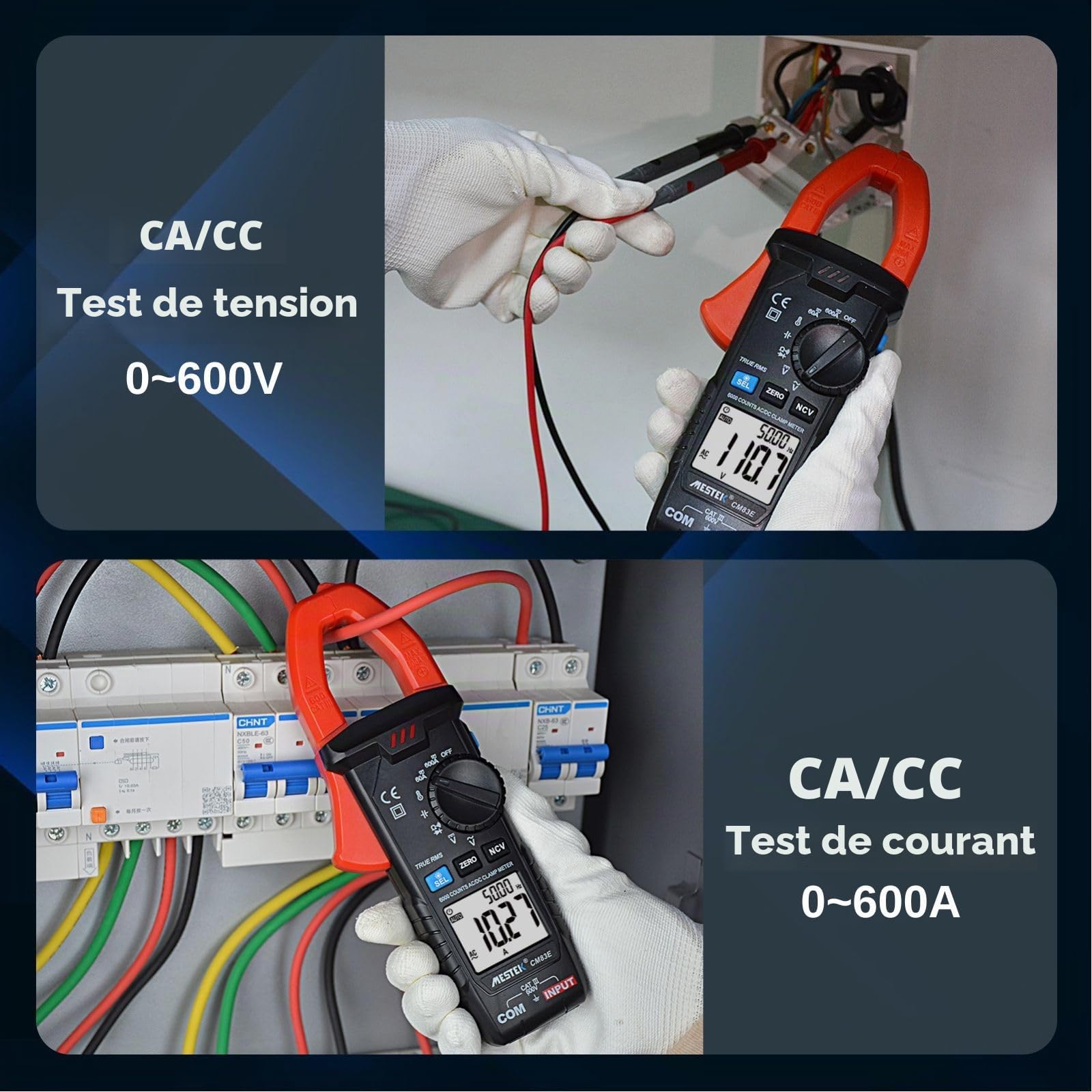 MESTEK Pince Ampèremétrique Numérique AC/DC, 600A Multimètre Automatique T-RMS 6000counts, Voltmètre Amperemetre Mesure Courant Tension Résistance Température Diode Continuité Hz Capacité NCV