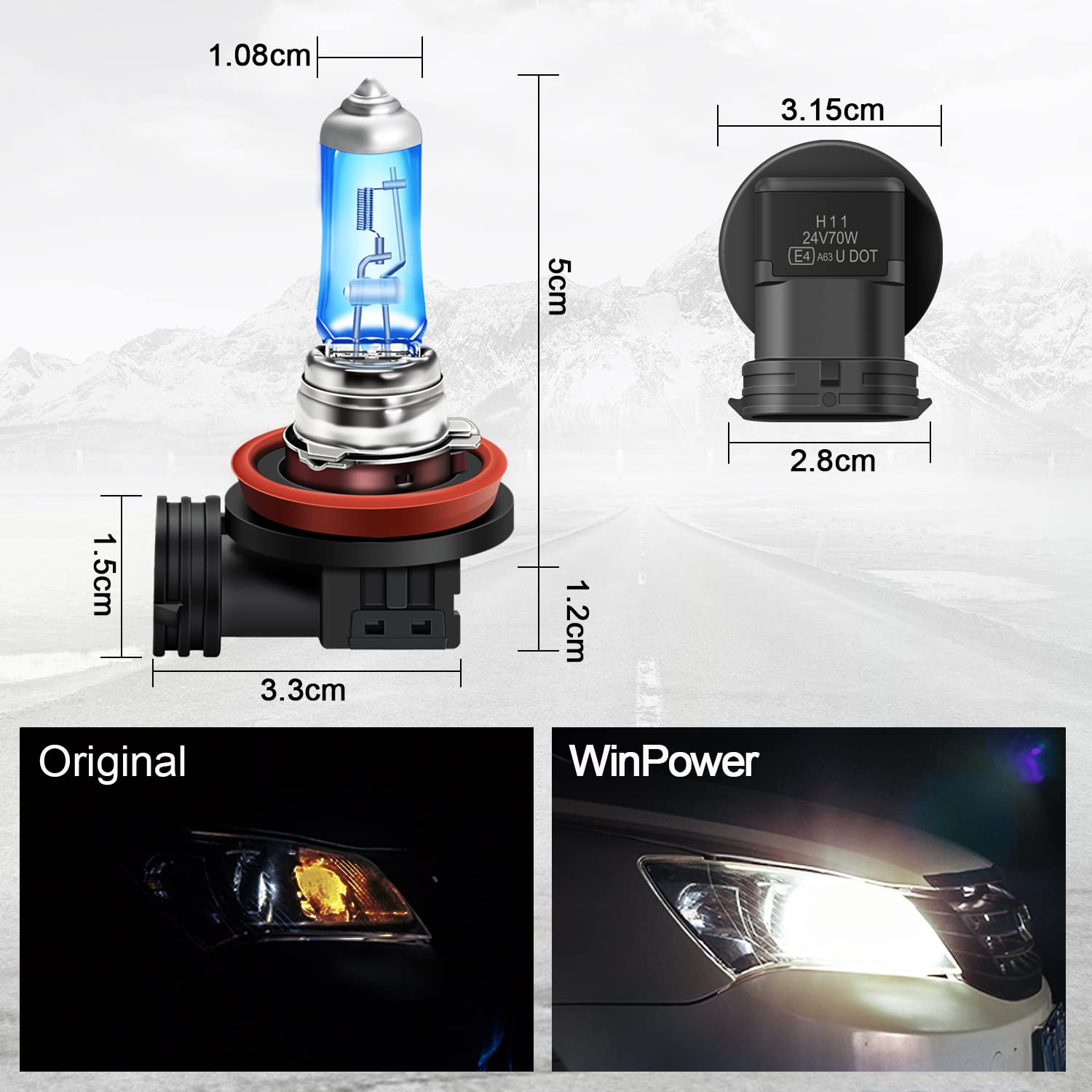 WinPower - 24V H11 Halogenbirnen - 70W Super Bright Ultra White 5000K Auto Nebelscheinwerfer Scheinwerferlampen, 2 Stück
