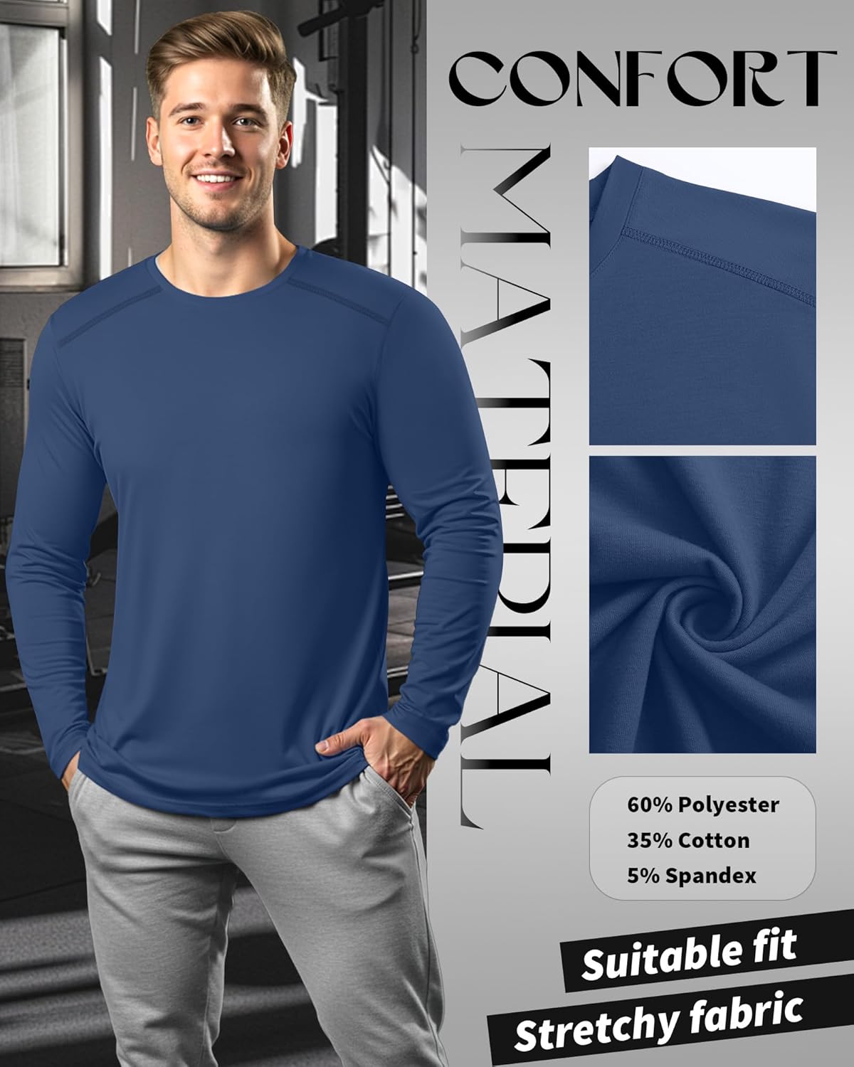 5 Pack Men's Big and Tall Shirts, Long Sleeve Tees Solid Casual Basic Tops Soft Crew Neck T Shirts - Image 6