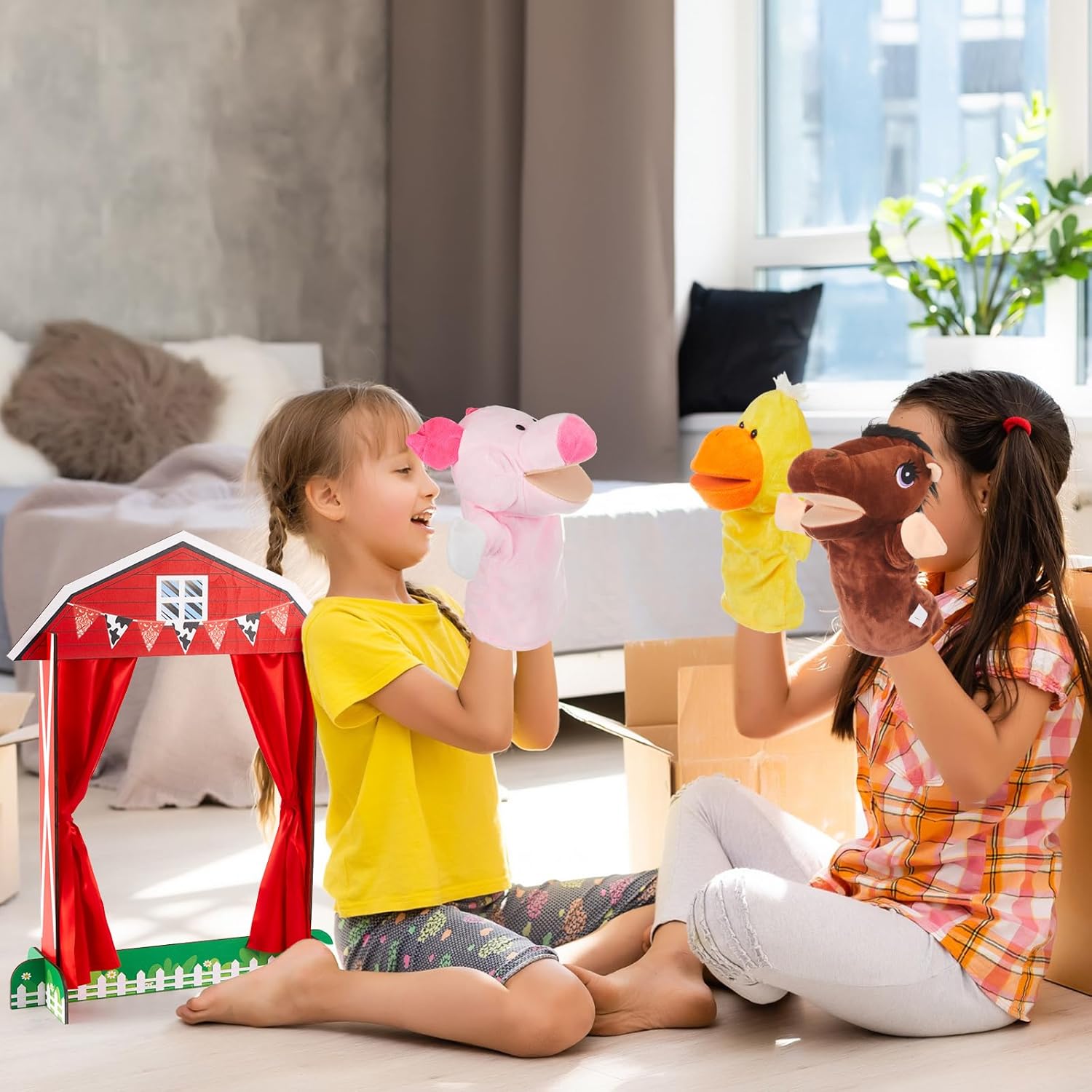 7 Pcs Wooden Puppet Show Theater Animal Hand Puppets Set Show Stage Theater Soft Plush Farm Animal Supplies