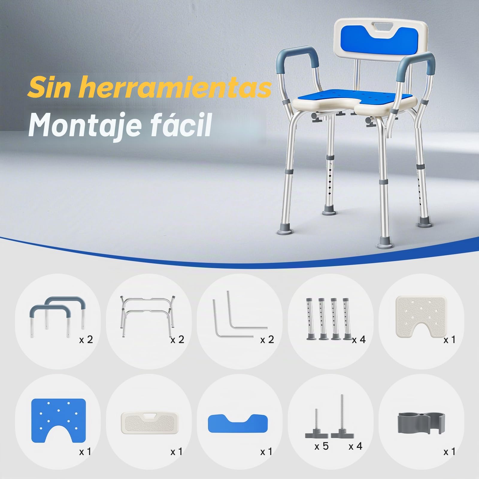 Silla de Ducha con Brazos y Respaldo, Asiento de Ducha Ajustable Taburete de Baño Antideslizante Forma U para Ancianos Discapacitadas Embarazadas