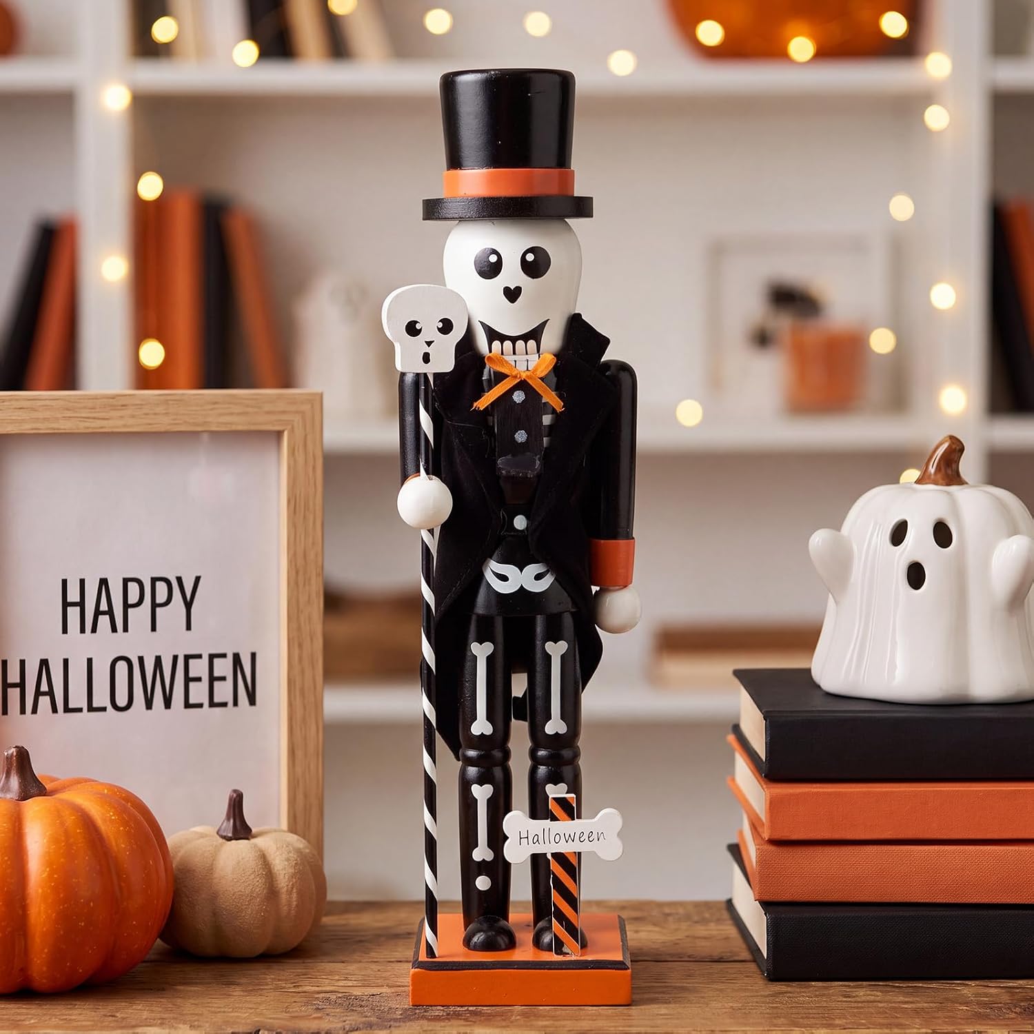 Blosssound 15" Halloween Skeleton Nutcracker Decor Wooden Skull Figurine