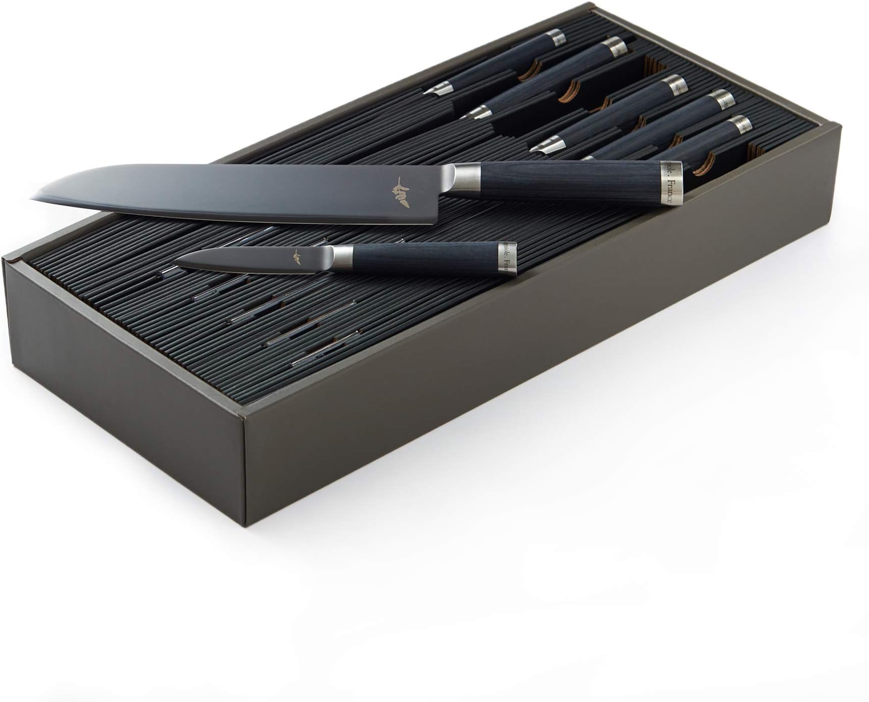 Michel BRAS 7 Piece Knife Set, Handcrafted Kitchen Knife Set, 3 Layer Stainless Steel Blades, Black Pakkawood Handles, Precision and Sharpness for Professional and Home Chefs