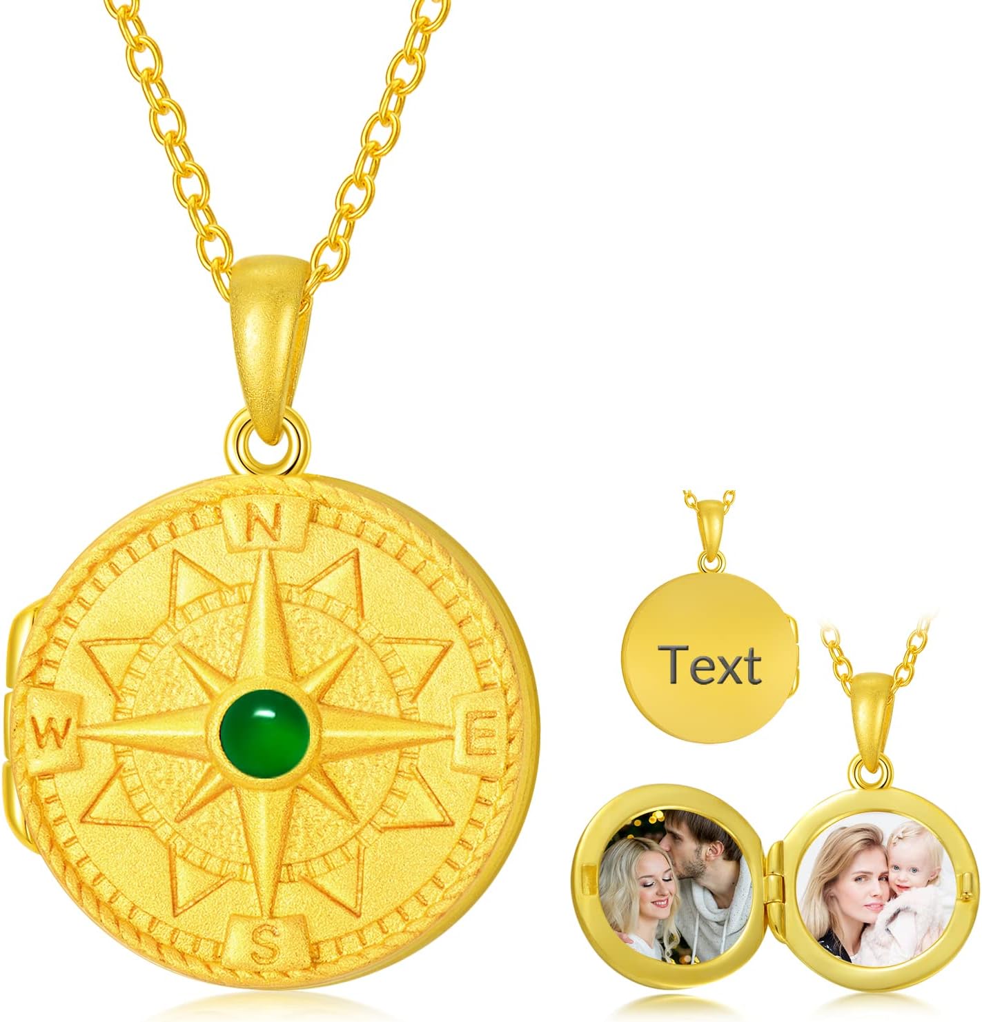SOULMEET Personalized 10K 14K 18K Gold/Plated Gold Round Emerald Locket Necklace That Holds Pictures Custom Natural Gemstone Locket Pendant Necklace Gift for Wome Men