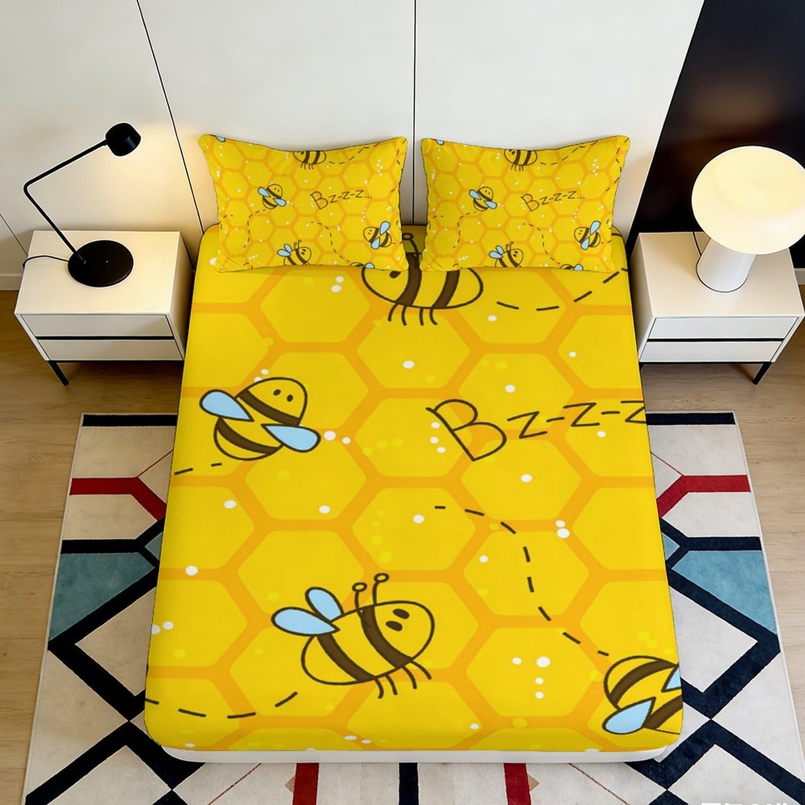 3D Printed Bee Honeycomb Fitted Sheet Microfiber Yellow Cartoon Mattress Cover for Bedroom Dorm Decor Protection 90x200x25cm