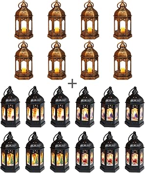 LLQ 8 Mini Lantern and 12 Black Christmas Lanterns with LED Flickering Candle, Vintage Lanterns Decorative, Hanging Candle Lanterns for Christmas Decorations Wedding Table Centerpiece Fall Decoration