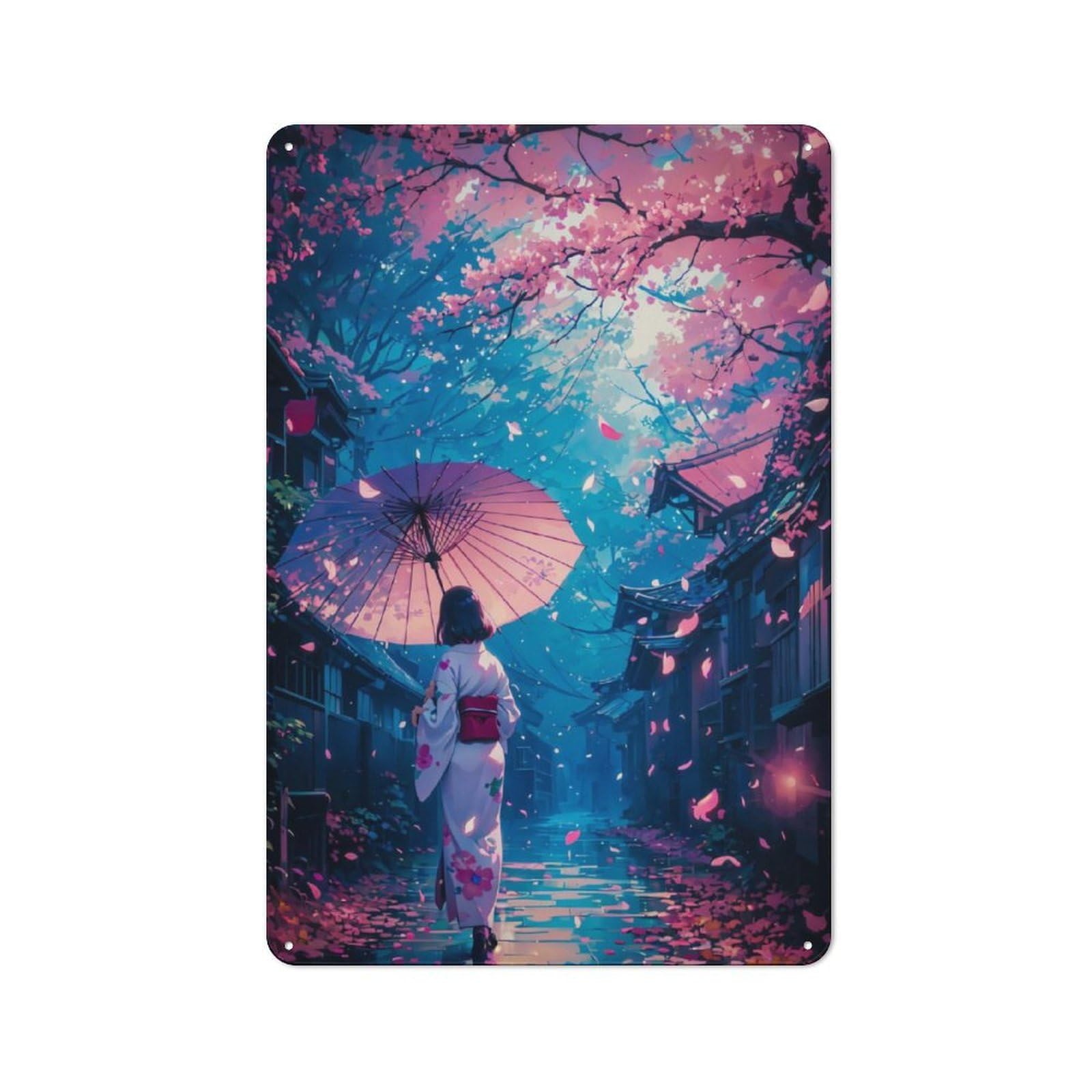 Junmoney Girls Cherry Blossom Anime Rustic Tin Wall Plaque 30X20cm For Studio Or Craft Room, For Garage, Workshop And Man Cave Decoration