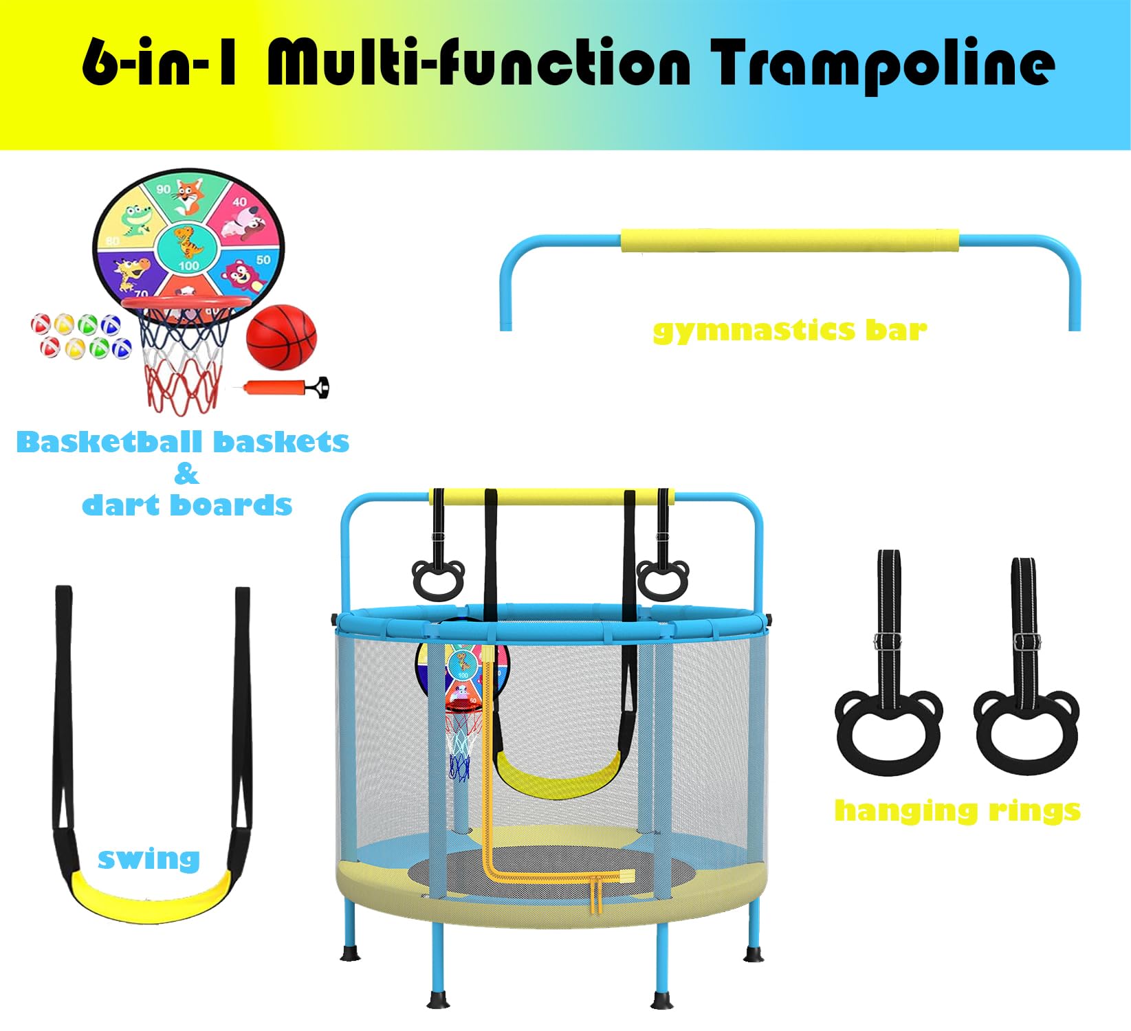 Trampolino PILIN Per Bambini Con Canestro E Altalena - Sicuro, Estensibile, Per Interni Ed Esterni