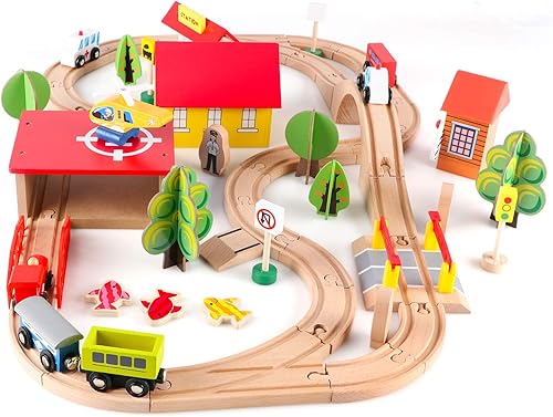Miniatura 9 de Qilay Juego de 69 piezas de tren de madera juguetes de tren de madera de primera calidad para niños pequeños de 3 4 5 años juguetes de tren