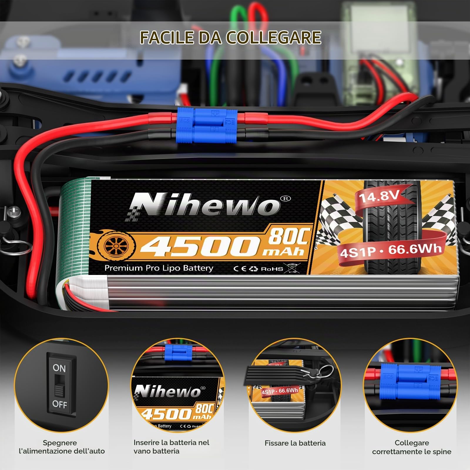 Batteria LiPo 4S 14.8V 4500mAh 60C EC5 per RC camion droni barche 2pz | Batteria 4S 4500mAh compatibile con modelli RC scala 1/8: auto, camion, aerei, elicotteri, barche, carri armati