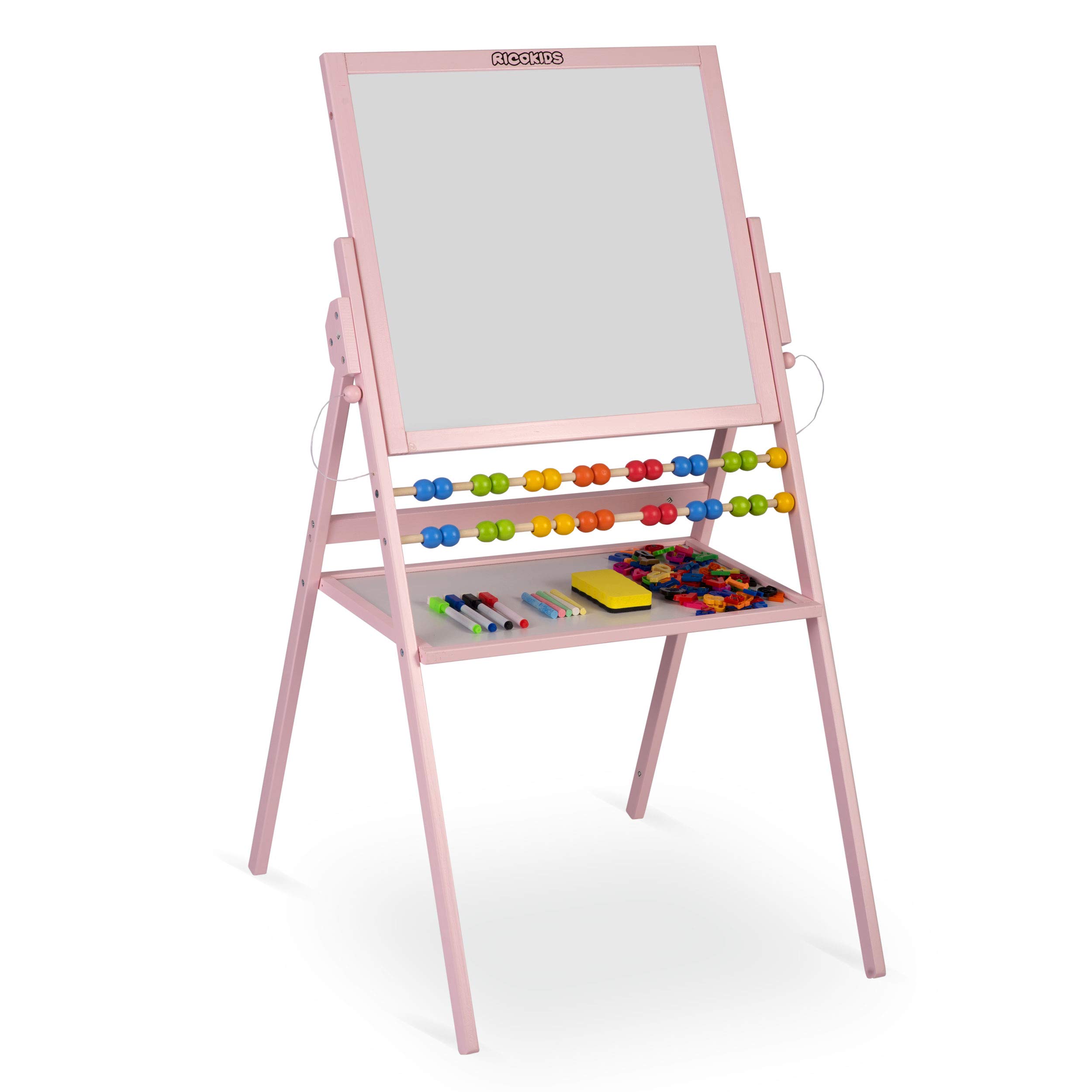 Spiel-Tafel für Kinder magnetisches Whiteboard und Kreidetafel Maltafel Kindertafel Staffelei aus Holz Ricokids (Rosa)