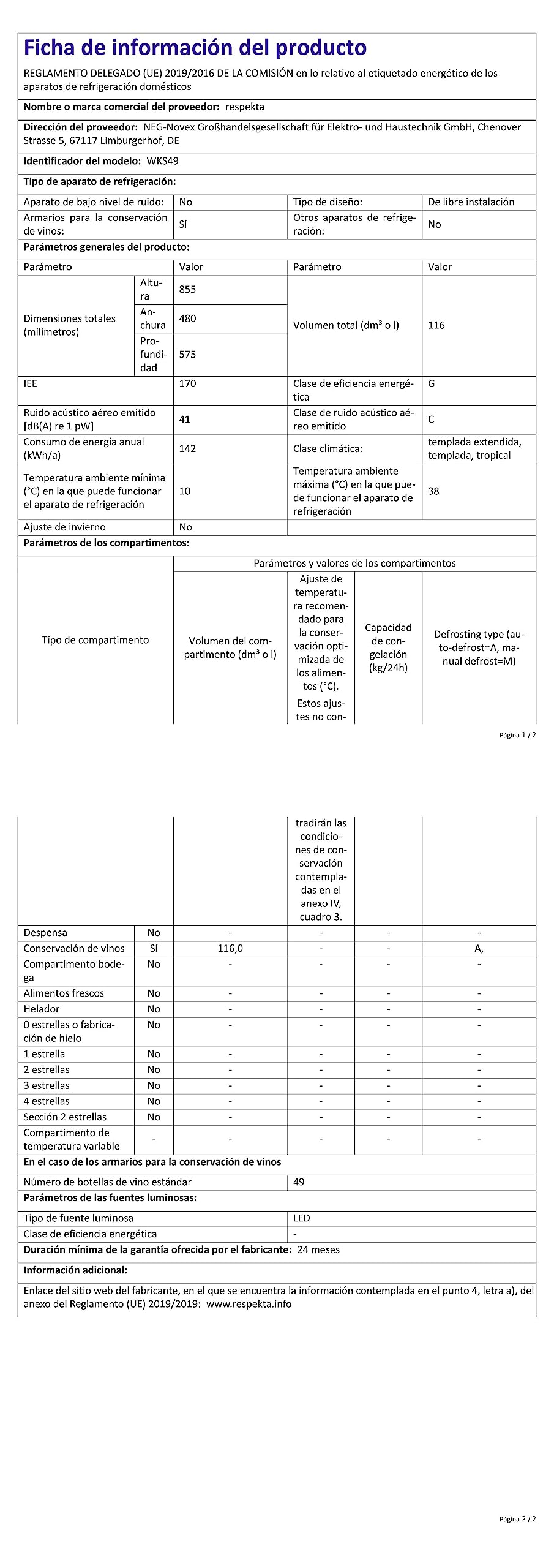 Respekta Weinkühlschrank freistehend 49 Flaschen 116 L Nutzinhalt 5°-22°C Touch Control LED WKS 49