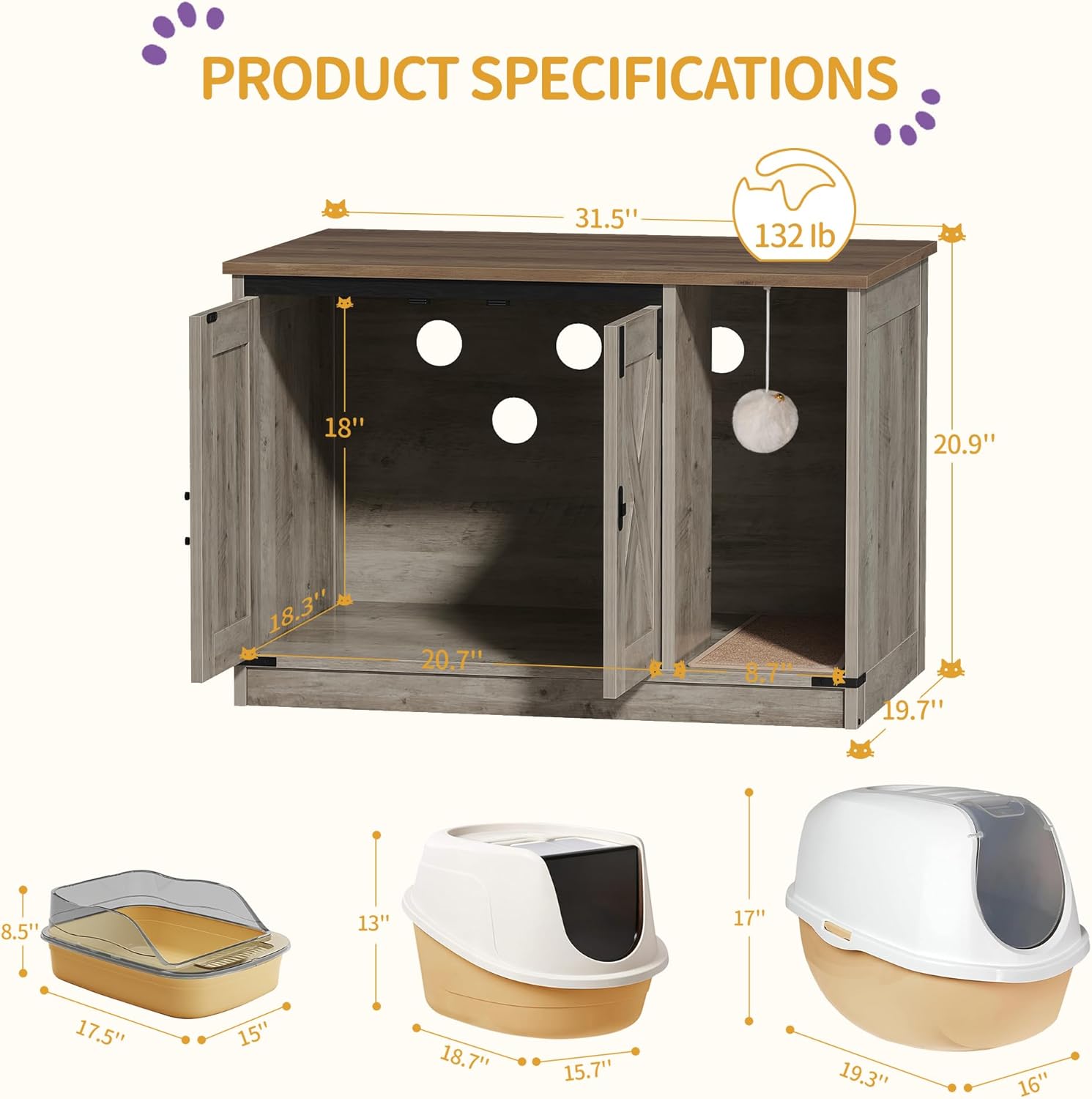 Cat Litter Box Enclosure, Hidden Litter Box Cabinet Furniture with Bell, Indoor Cat House, Farmhouse Style, 31.5 x 19.7 x 20.9Inches, for Hallway, Bedroom, Light Ivory and Brown CB82405X