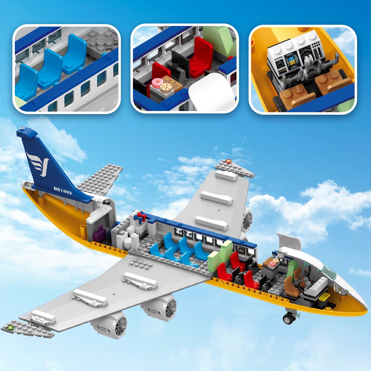 HOGOKIDS Juego de construcción de avión de pasajeros Urbano con luz LED, 901 Piezas de Bloques de construcción de avión con Terminal, Torre de Radar, Remolque de Equipaje, Regalos para niños Adultos