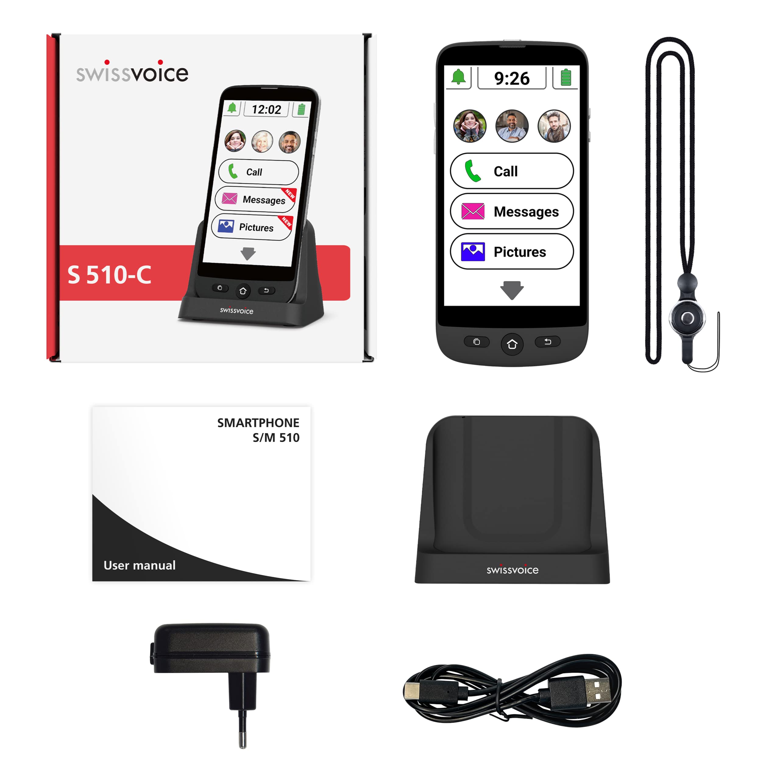 swissvoice S510-C 4G Smartphone para Personas Mayores Que utilizan el teléfono principalmente en casa - Teléfono móvil fácil de Usar con Teclas Grandes, Base de Carga y Correa para el Cuello