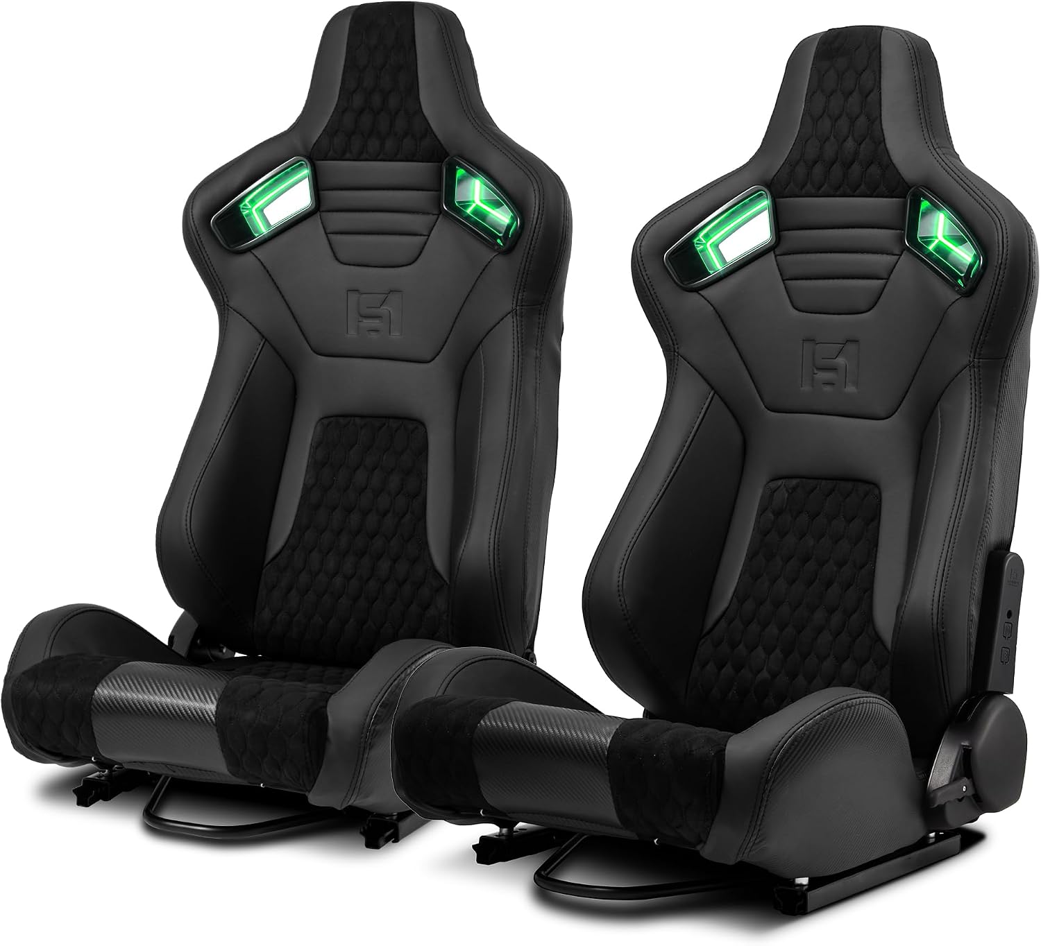 [Neon Racer] Pair of All Black PVC w/Suede Snake Pattern & Rear Carbon Fiber Style leather Reclinable Racing Seats W/Sliders