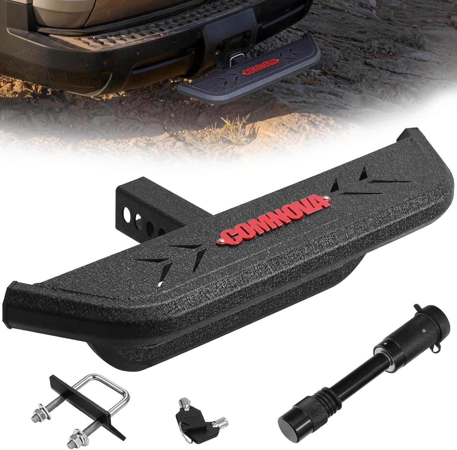COMNOVA Truck Hitch Step for 2 Inch Receiver, Heavy-Duty Carbon Steel Tow Hitch Step with Anti-Rust Coating, Easy Install 6" Wide Bump Steps with Lock Pin for Car Van Truck SUV RV