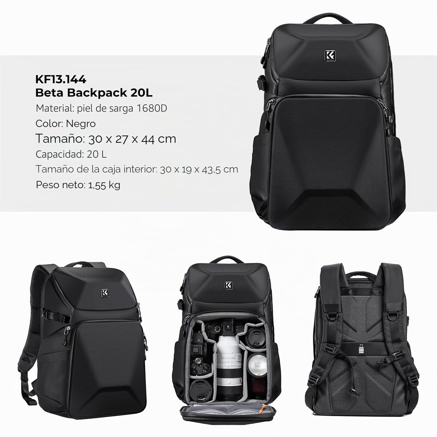 K&F CONCEPT Mochila rígida para cámara de 20 L, Soporte para trípode y Compartimento para Laptop