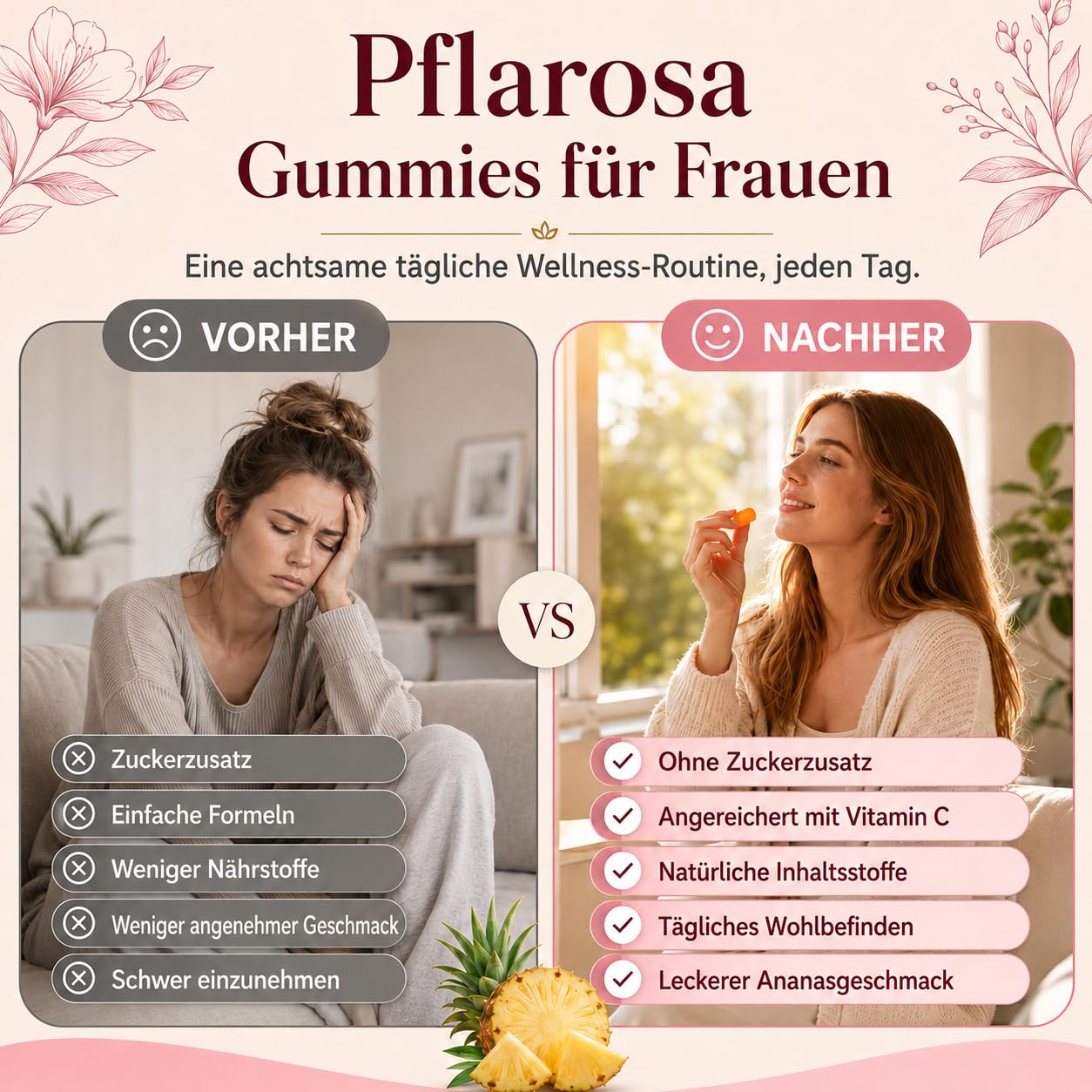 Probiotika Gummies für Frauen, 60 Stück – Cortisol Cocktail Routine, Milchsäurebakterienkulturen mit Roter Ulmenrinde & XOS, Ananasgeschmack, zuckerfrei, vegan, glutenfrei