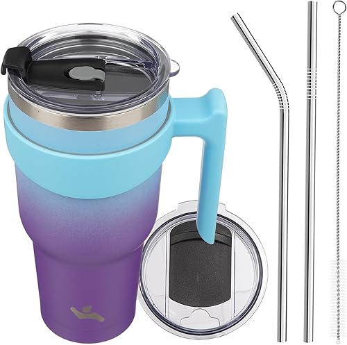 Miniatura 77 de Vaso de 30 onzas con asa y 2 pajitas, 2 tapas, botella de agua aislada de acero inoxidable con vacío, taza de viaje reutilizable, color lavanda