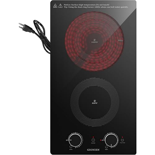 12 Inch Electric Cooktop with 2 Burner,110V-120V, 1800W,Plug in Electric Stove Top,Countertop & Built-in,Glass Radiant Cooktop with 2 Knob & Touch Control,Auto Shutdown,Residual Heat Warning
