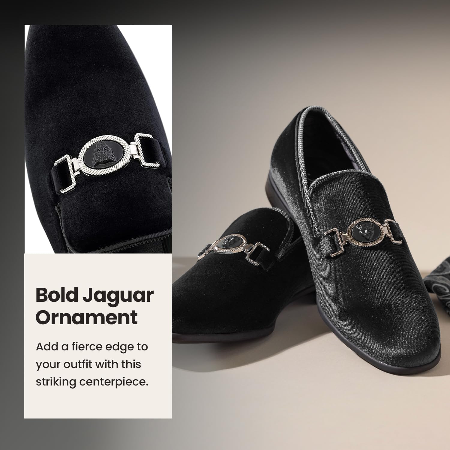 Amali Velvet Slip-On Dress Loafers for Men with Lion Head Piece, Men's Formal Smoking Tuxedo Slippers, Loafer Shoes with Metal Chain Detail - Image 3