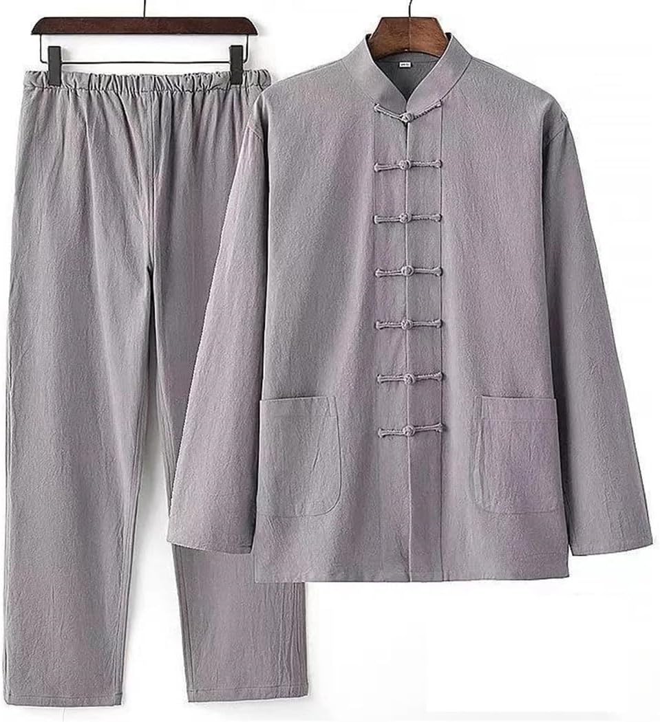 Men's Chinese Traditional Set Long Sleeve Buckle Shirt Top Elastic Waist Wide Leg Pants Fitness Jogging Sets