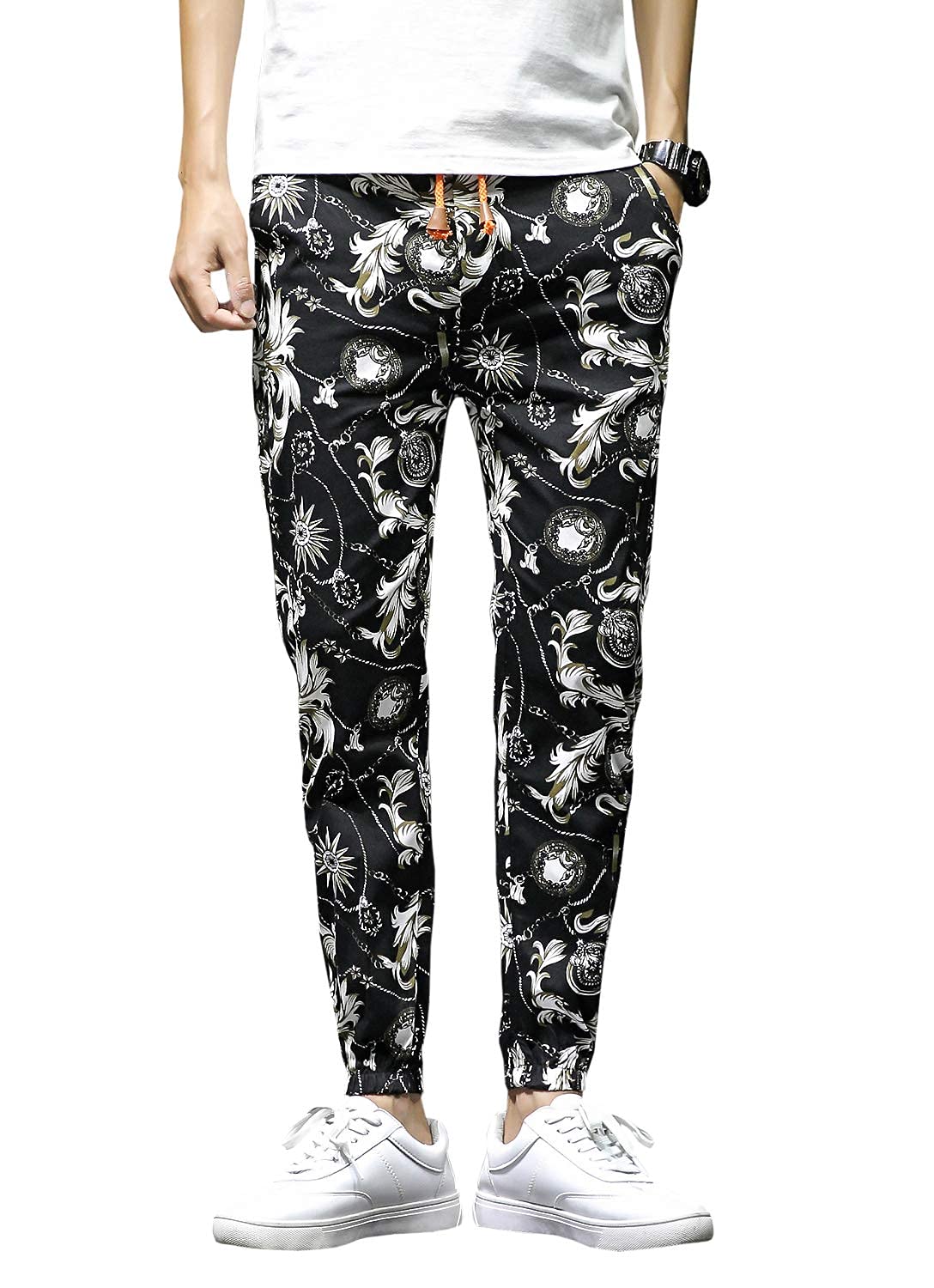 QZH.DUAO Floral Printed Casual Pants Slim Fit Flower Trousers for Men
